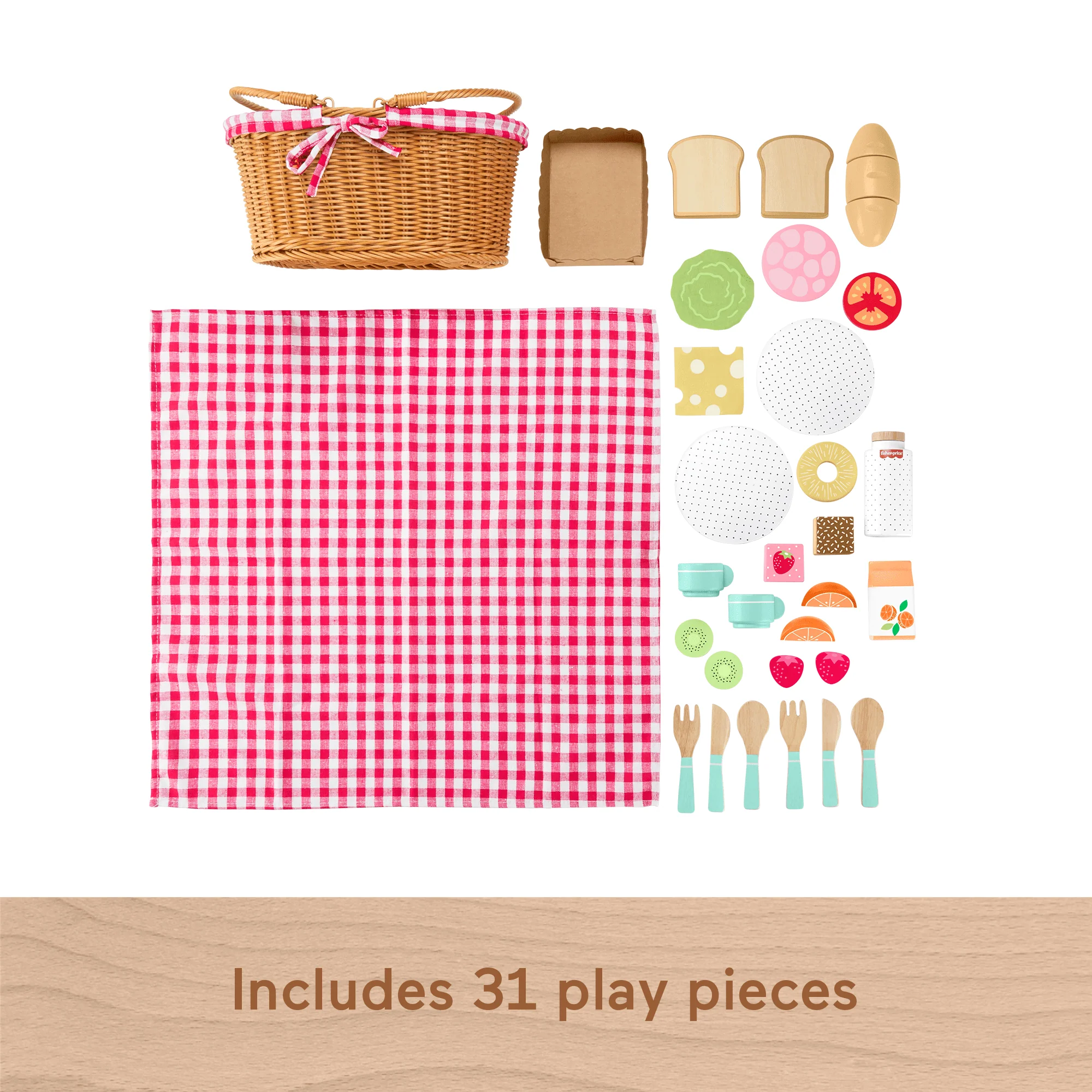 Fisher-Price Wooden Picnic Basket & Food Pretend Play Set For Preschool Kids, 31 Wood Pieces - Image 5
