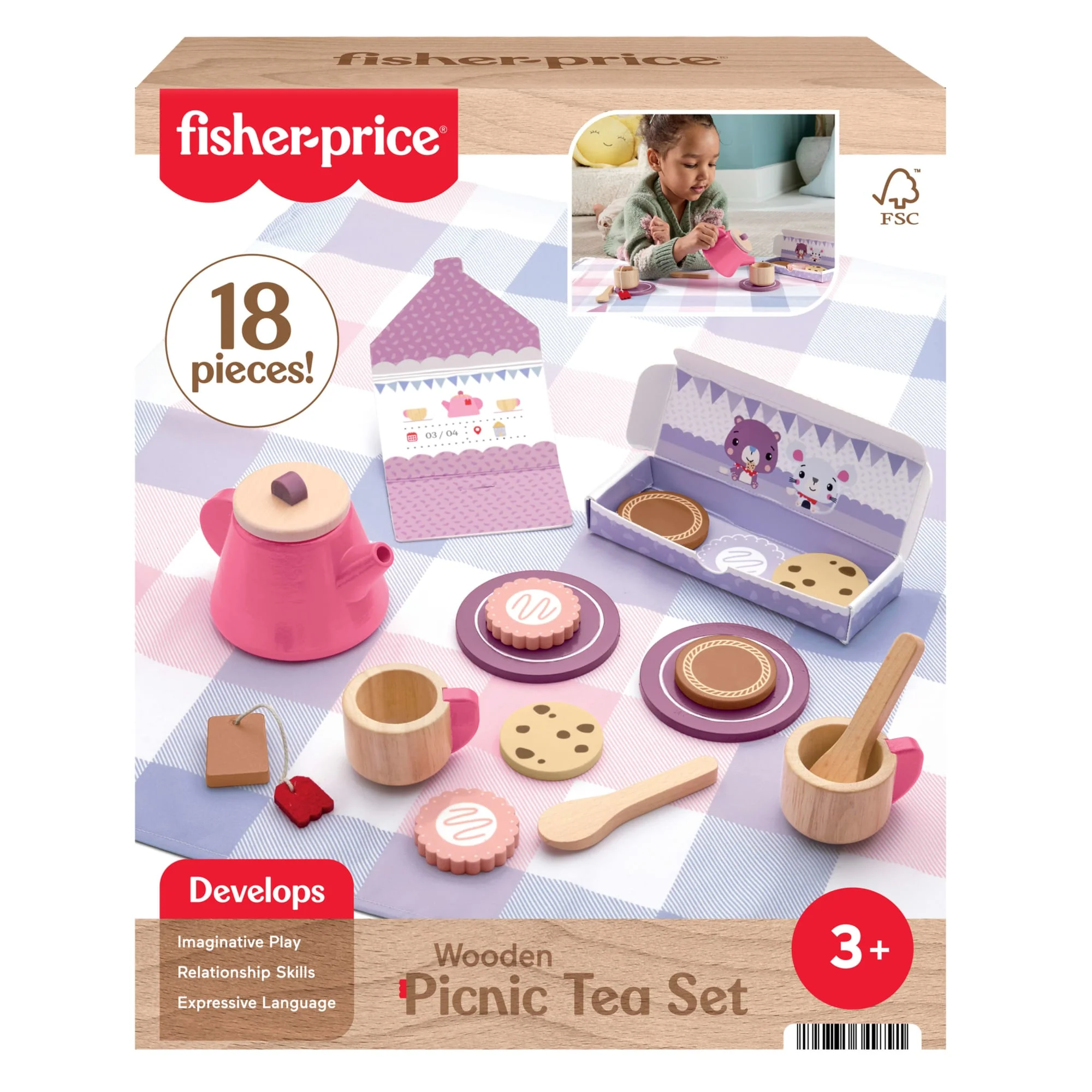 Fisher-Price Wooden Picnic Tea Set For Kids With Blanket, Wood Cups & Saucers, 18 Pieces - Image 6