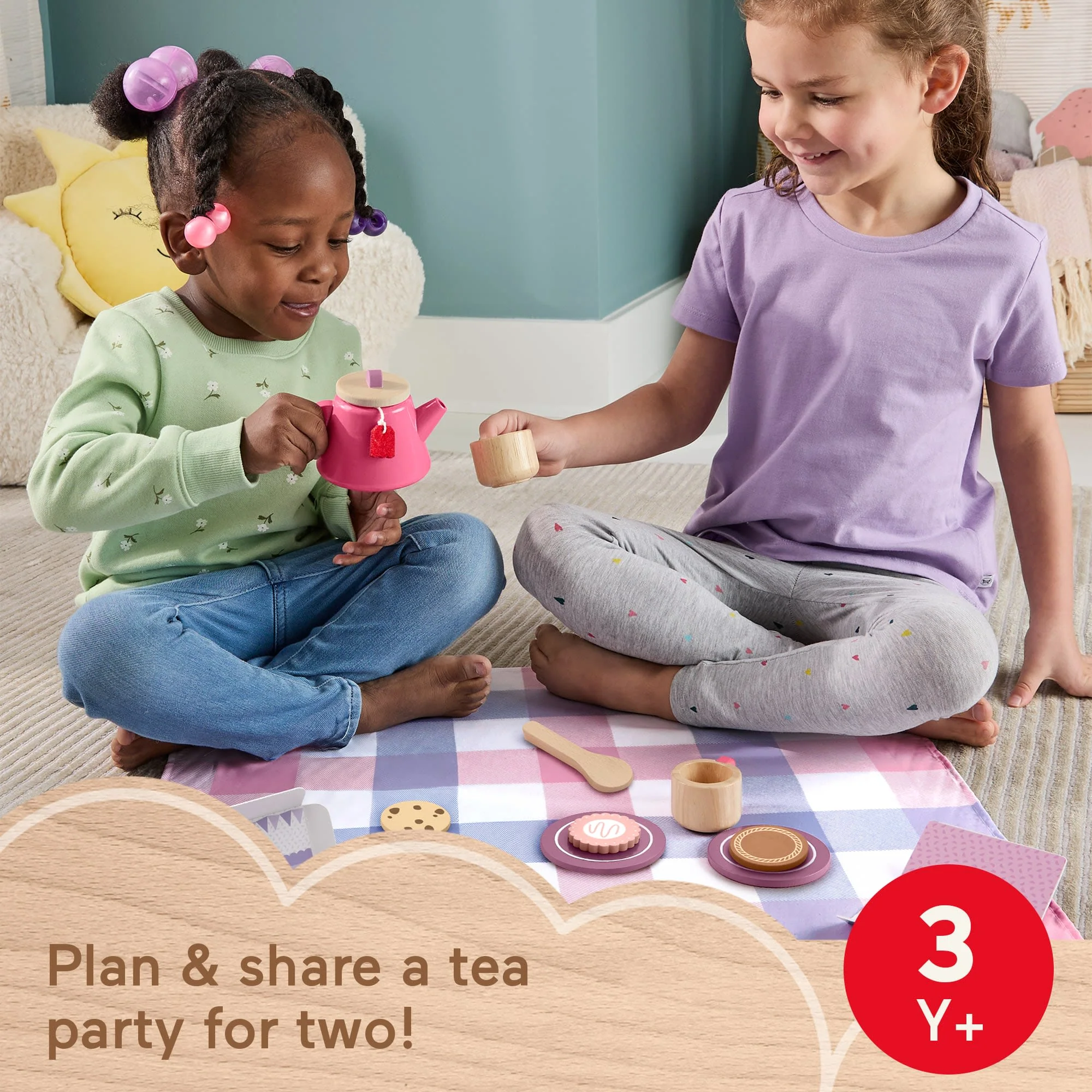 Fisher-Price Wooden Picnic Tea Set For Kids With Blanket, Wood Cups & Saucers, 18 Pieces - Image 2