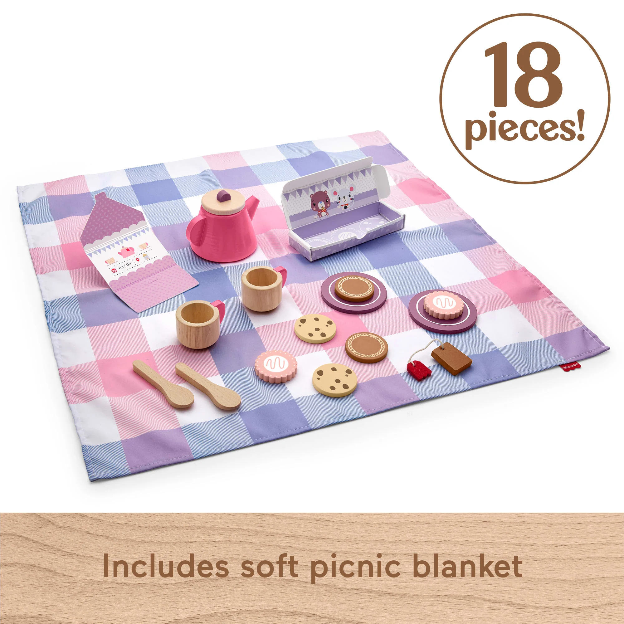 Fisher-Price Wooden Picnic Tea Set For Kids With Blanket, Wood Cups & Saucers, 18 Pieces - Image 4