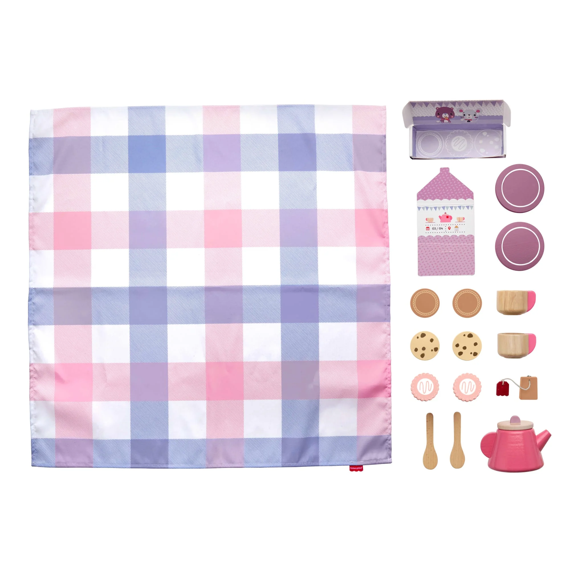 Fisher-Price Wooden Picnic Tea Set For Kids With Blanket, Wood Cups & Saucers, 18 Pieces - Image 5