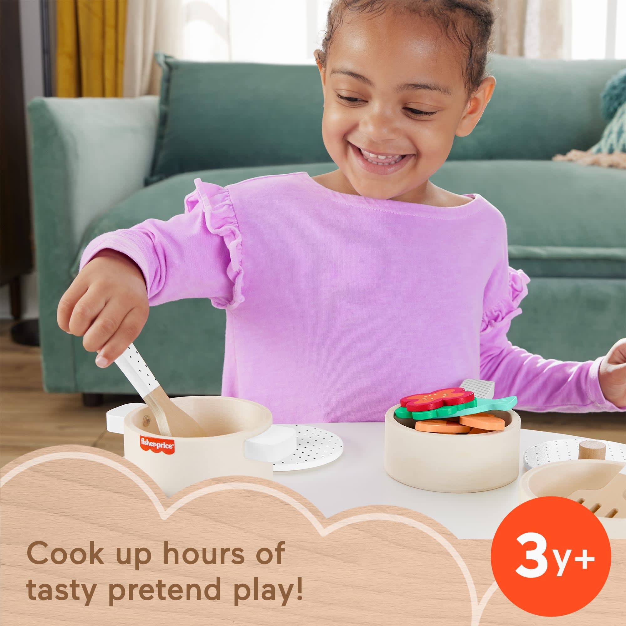 Fisher-Price Wooden Pots & Pans Set For Preschool Kitchen Pretend Play, 19 Wood Pieces - Image 2