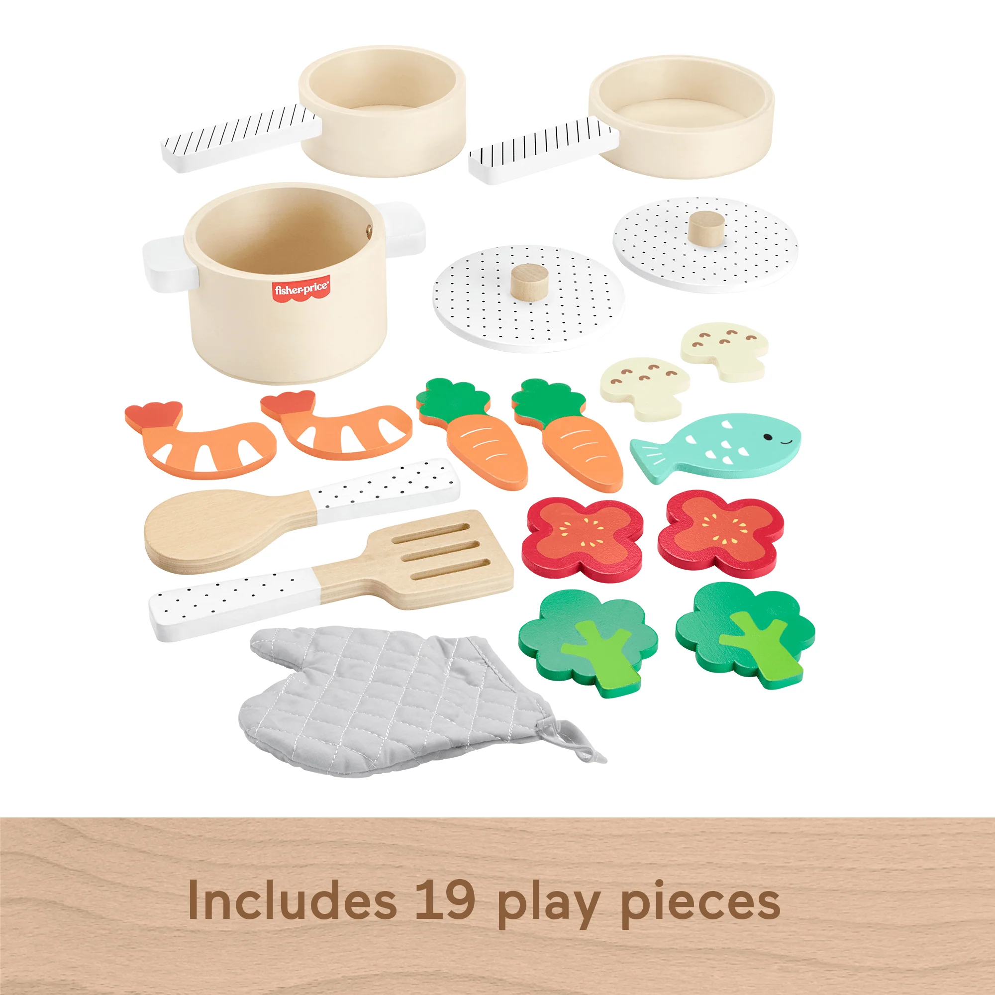 Fisher-Price Wooden Pots & Pans Set For Preschool Kitchen Pretend Play, 19 Wood Pieces - Image 5