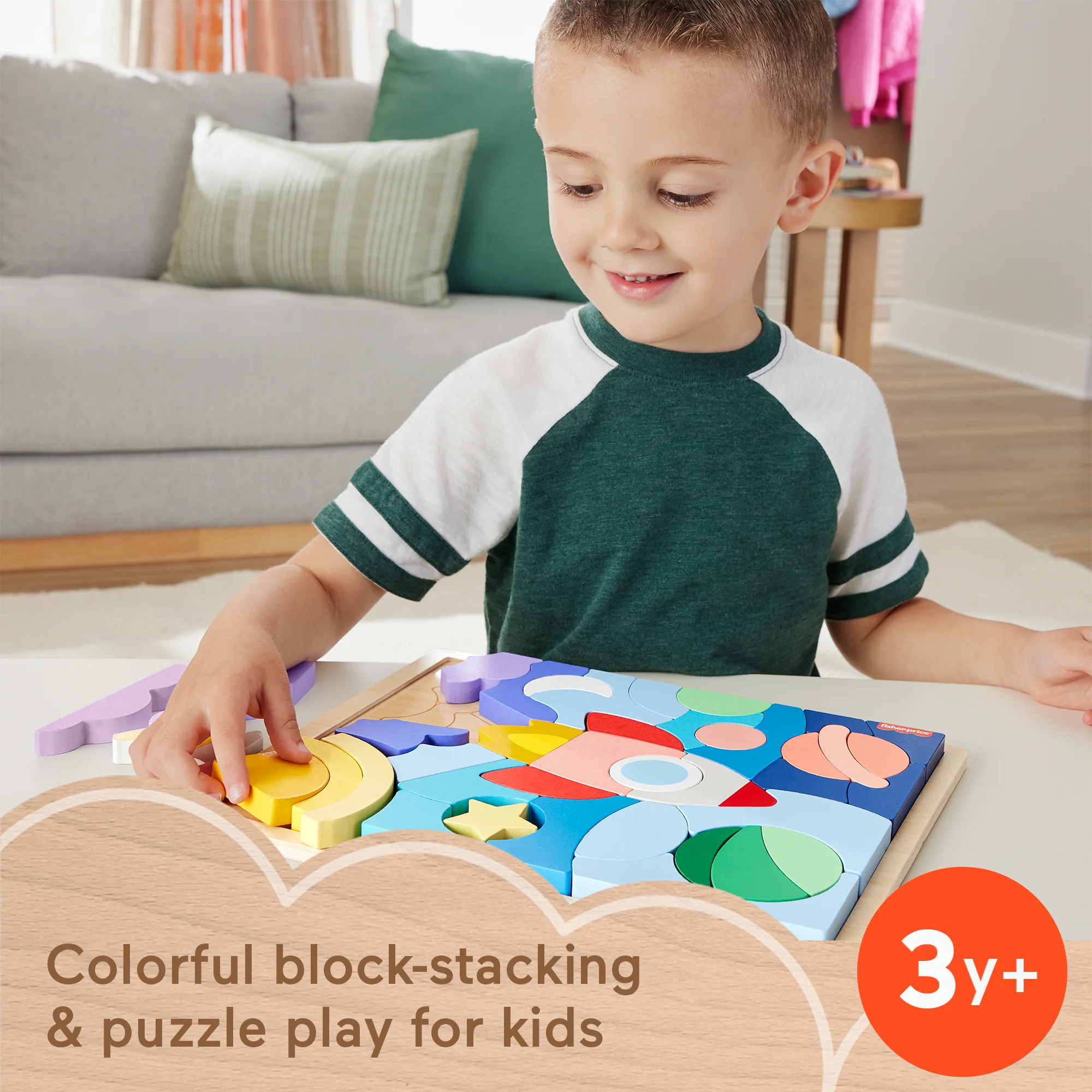 Fisher-Price Wooden Space Blocks Puzzle For Preschool Kids, 42 Wood Pieces - Image 2