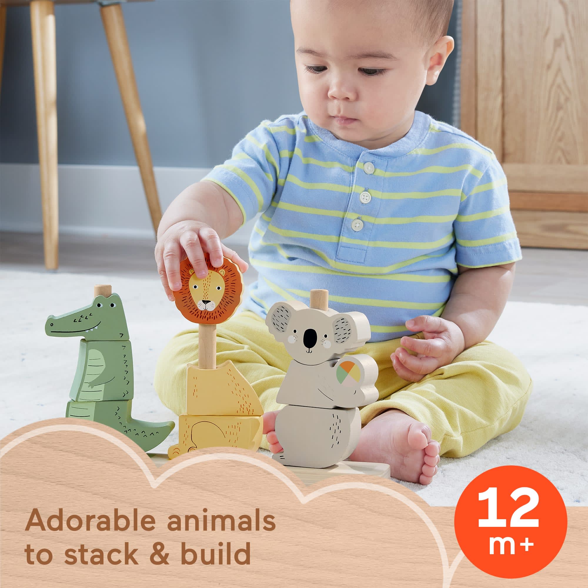 Fisher-Price Wooden Stack & Sort Animals Baby & Toddler Toy, 10 Wood Pieces - Image 2