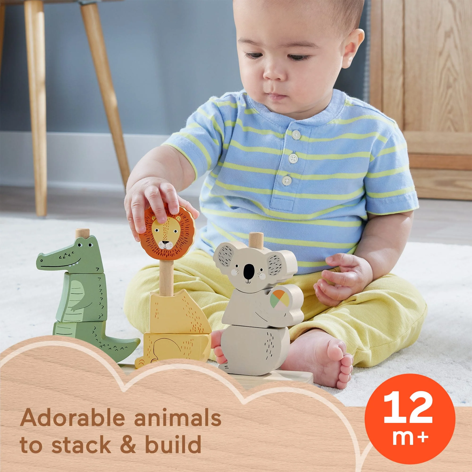 Fisher-Price Wooden Stack & Sort Animals Baby & Toddler Toy, 10 Wood Pieces - Image 2
