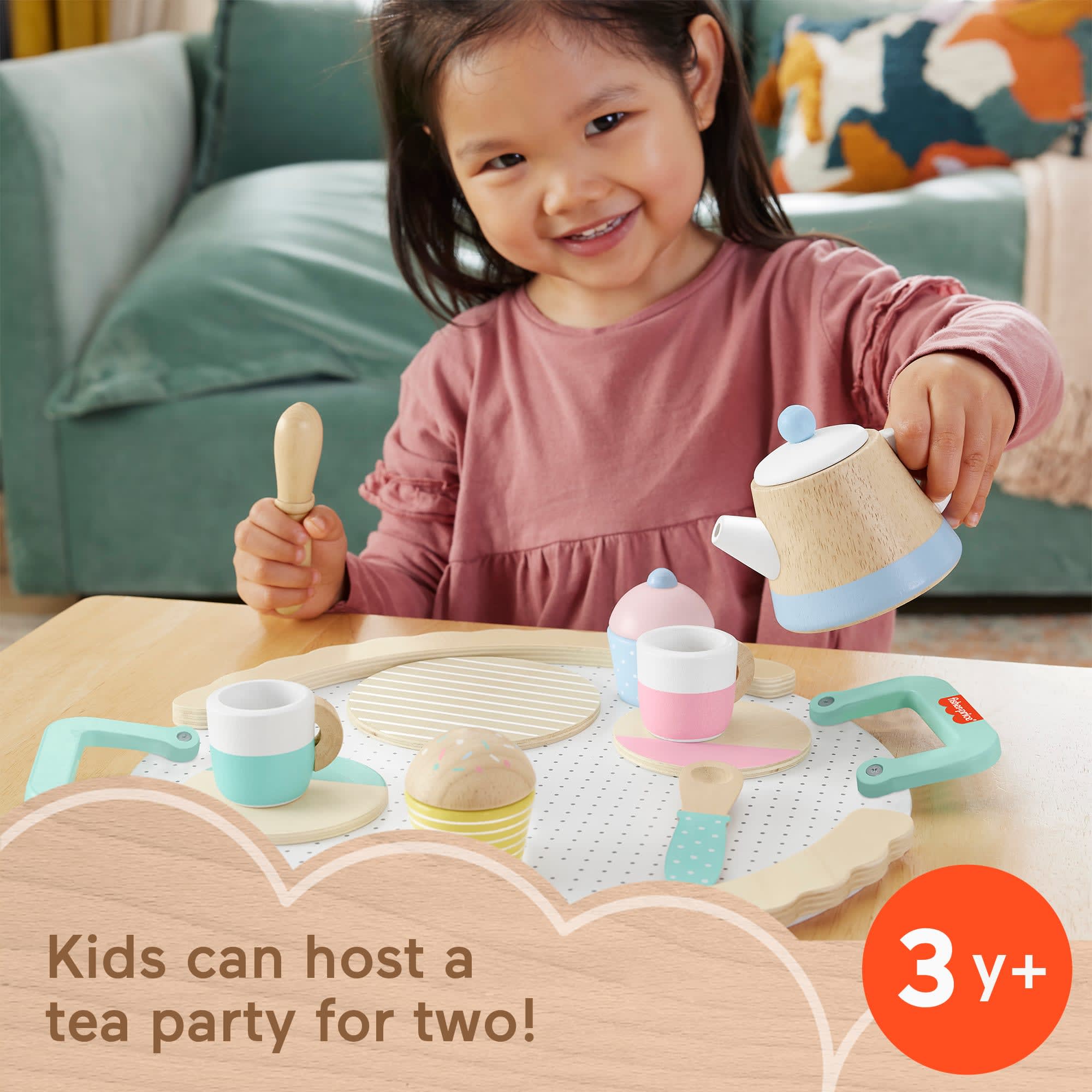 Fisher-Price Wood Pretend Play Toy Tea Set, 12-Piece Wooden Playset With Teapot, Cups & Saucers For Preschool Kids Ages 3+ Years - Image 2