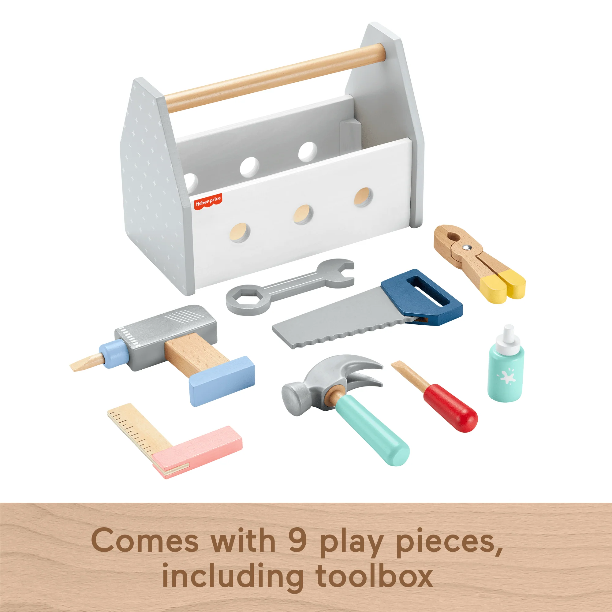 Fisher-Price Wooden Tool Box Set For Preschool Pretend Play, 9 Wood Pieces - Image 5