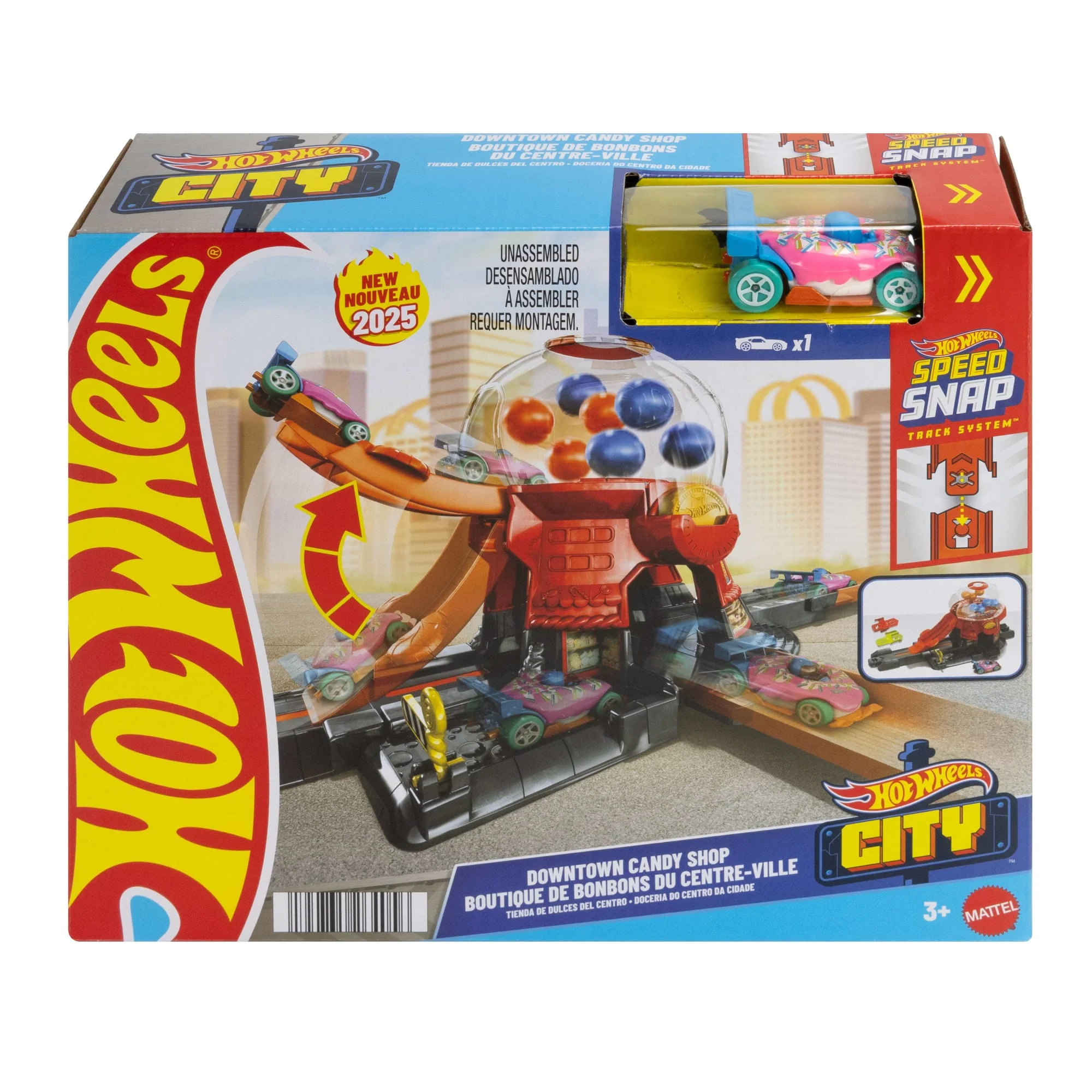 Hot Wheels Downtown Candy Shop Playset & 1:64 Scale Die-Cast Toy Car, Speed Snap Track - Image 6
