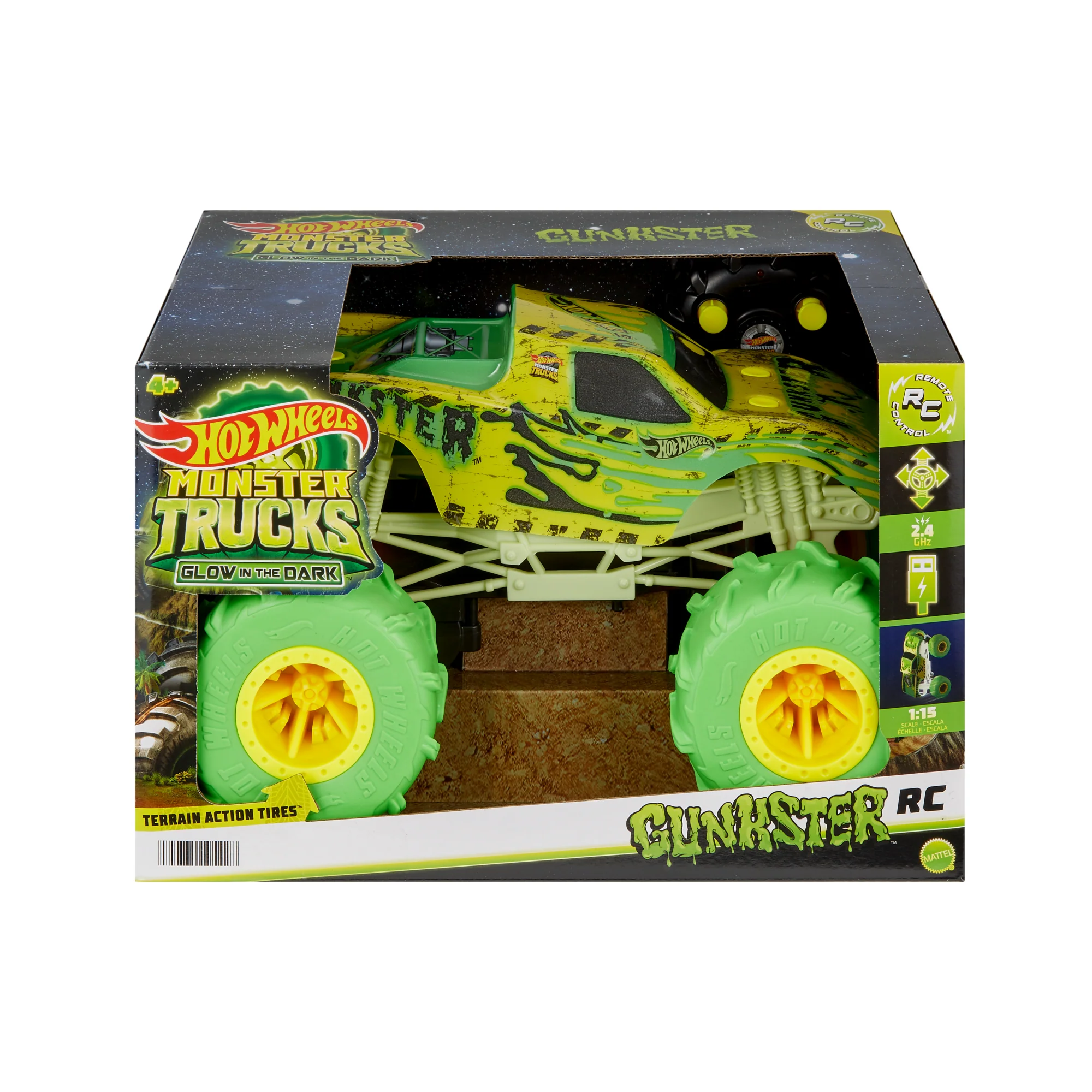 Hot Wheels Monster Trucks 1:15 Scale Gunkster Battery-Powered RC Truck, Glows in The Dark With All-Terrain Tires - Image 3