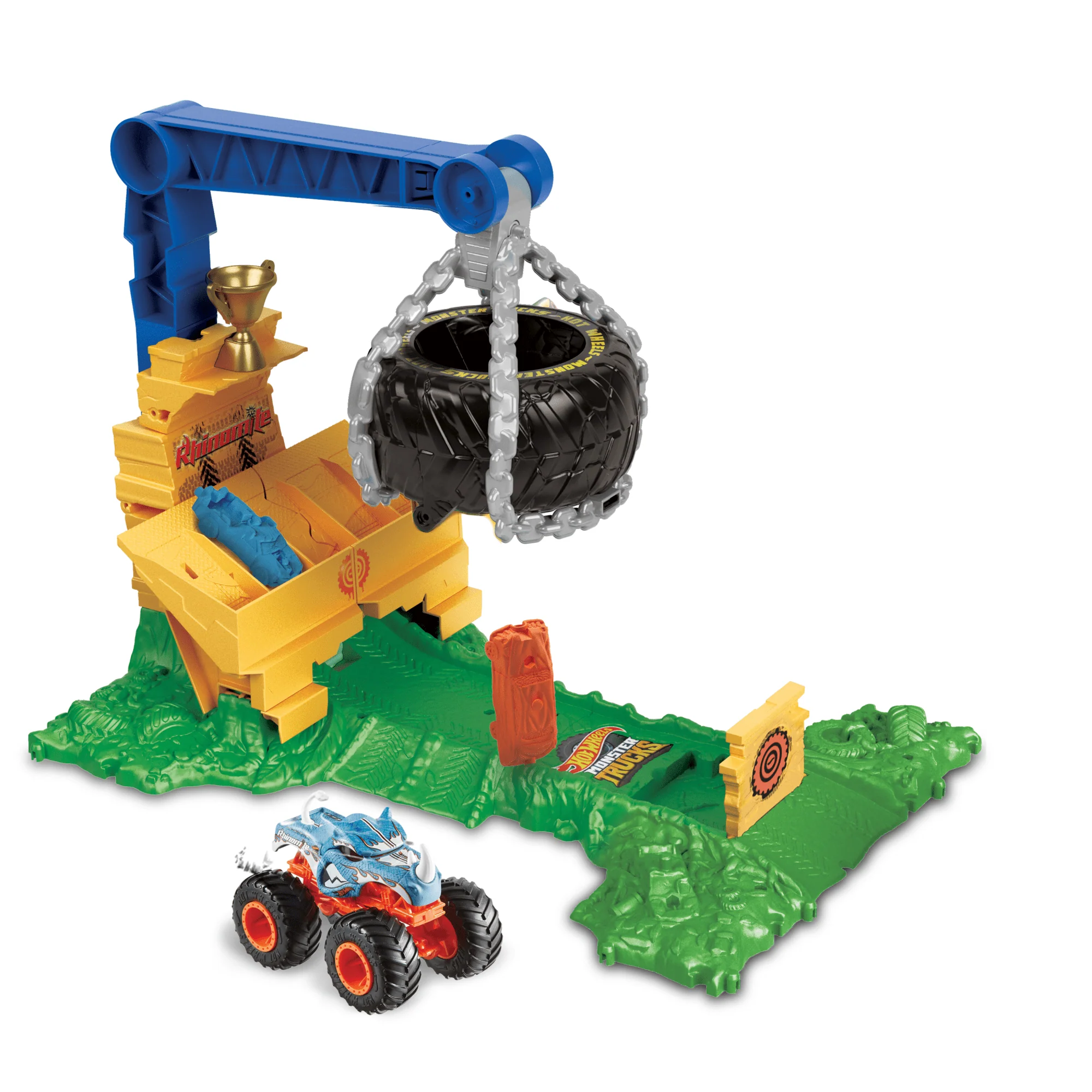 Hot Wheels Monster Trucks Rhinomite Chargin’ Challenge Playset With 1 Toy Truck & 2 Crushed Cars - Image 5