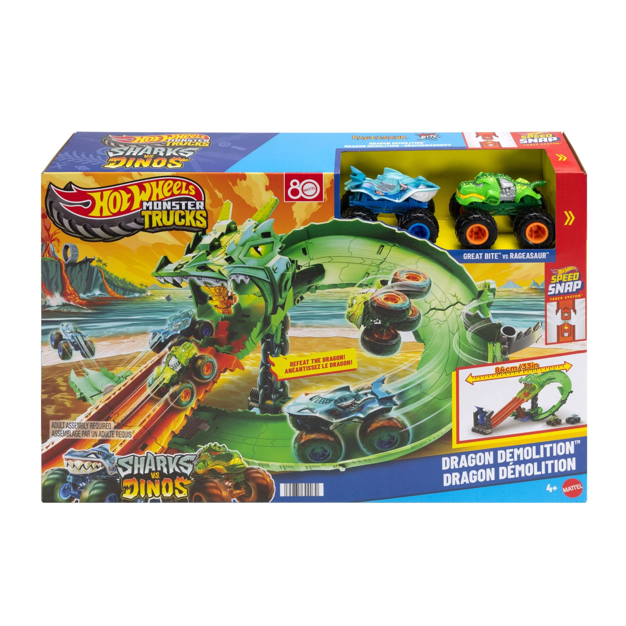 Hot Wheels Monster Trucks Sharks vs Dinos Dragon Destruction Playset & 2 Toy Trucks - Image 6
