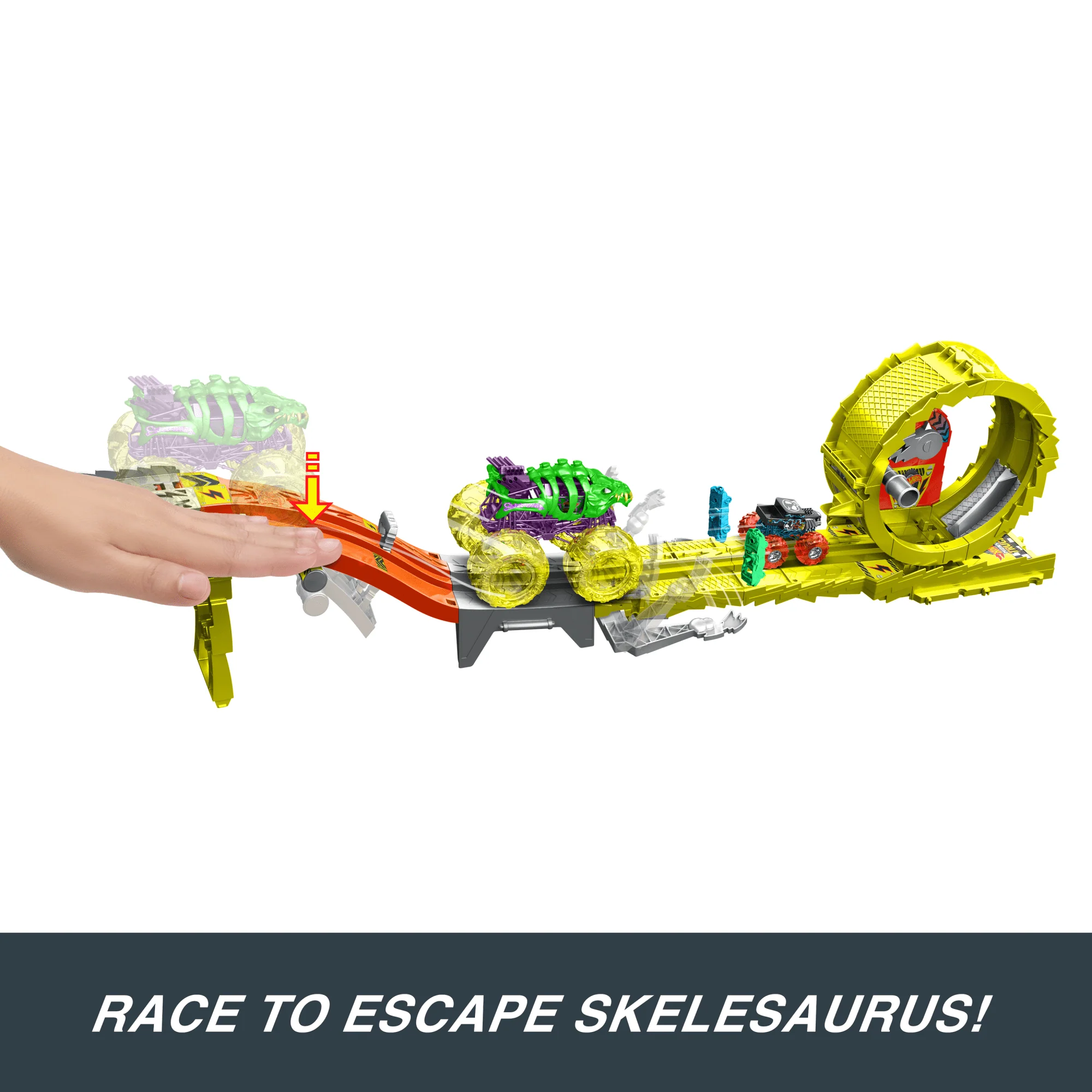Hot Wheels Monster Trucks Power Smashers Charge & Chase Challenge Track Set With Oversized Skelesaurus, 1:64 Scale Bone Shaker & 2 Crushed Cars - Image 4