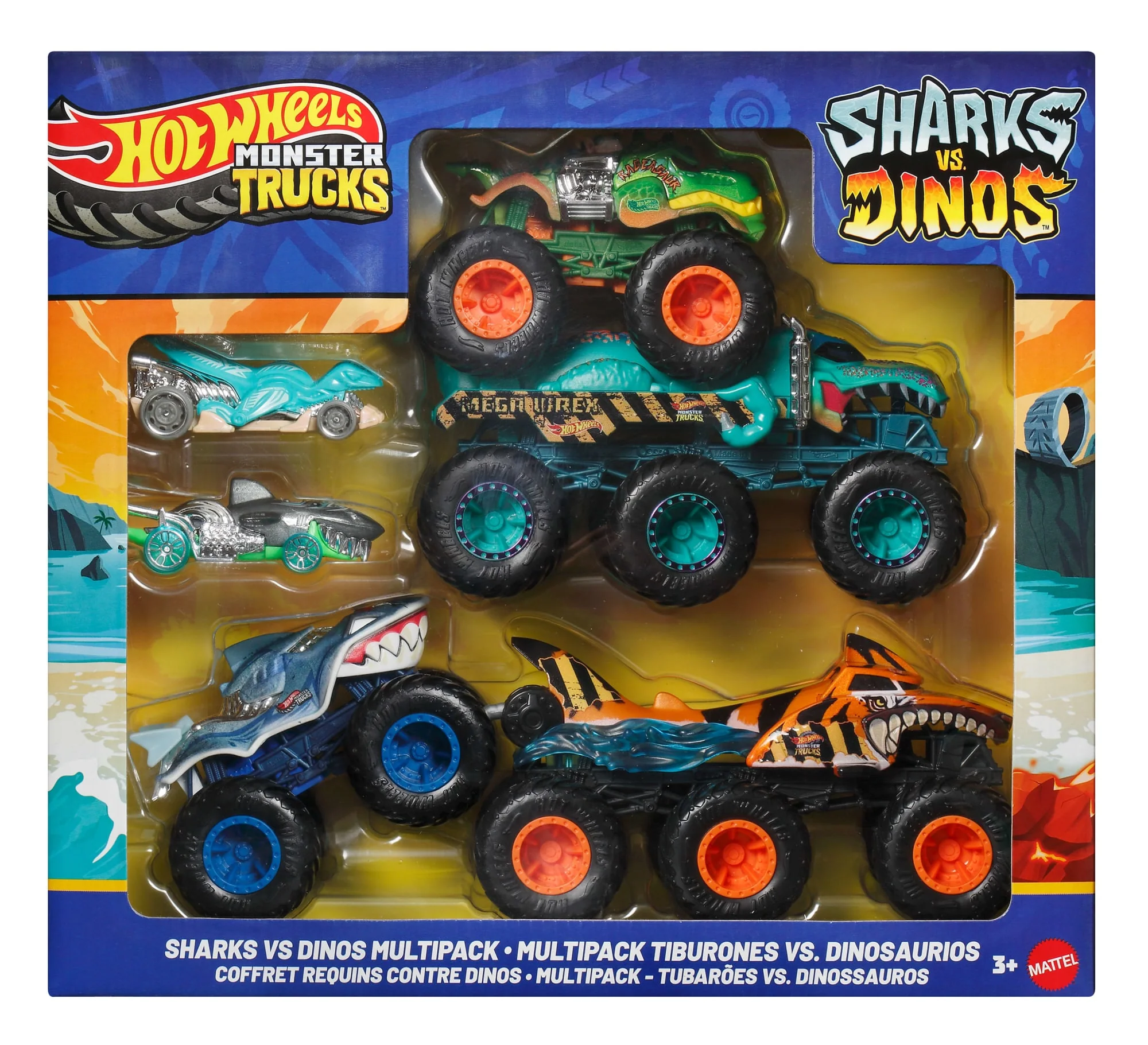 Hot Wheels Monster Trucks Sharks vs Dinos Multipack With 2 Big Rigs, 2 Toy Trucks & 2 Toy Cars - Image 6