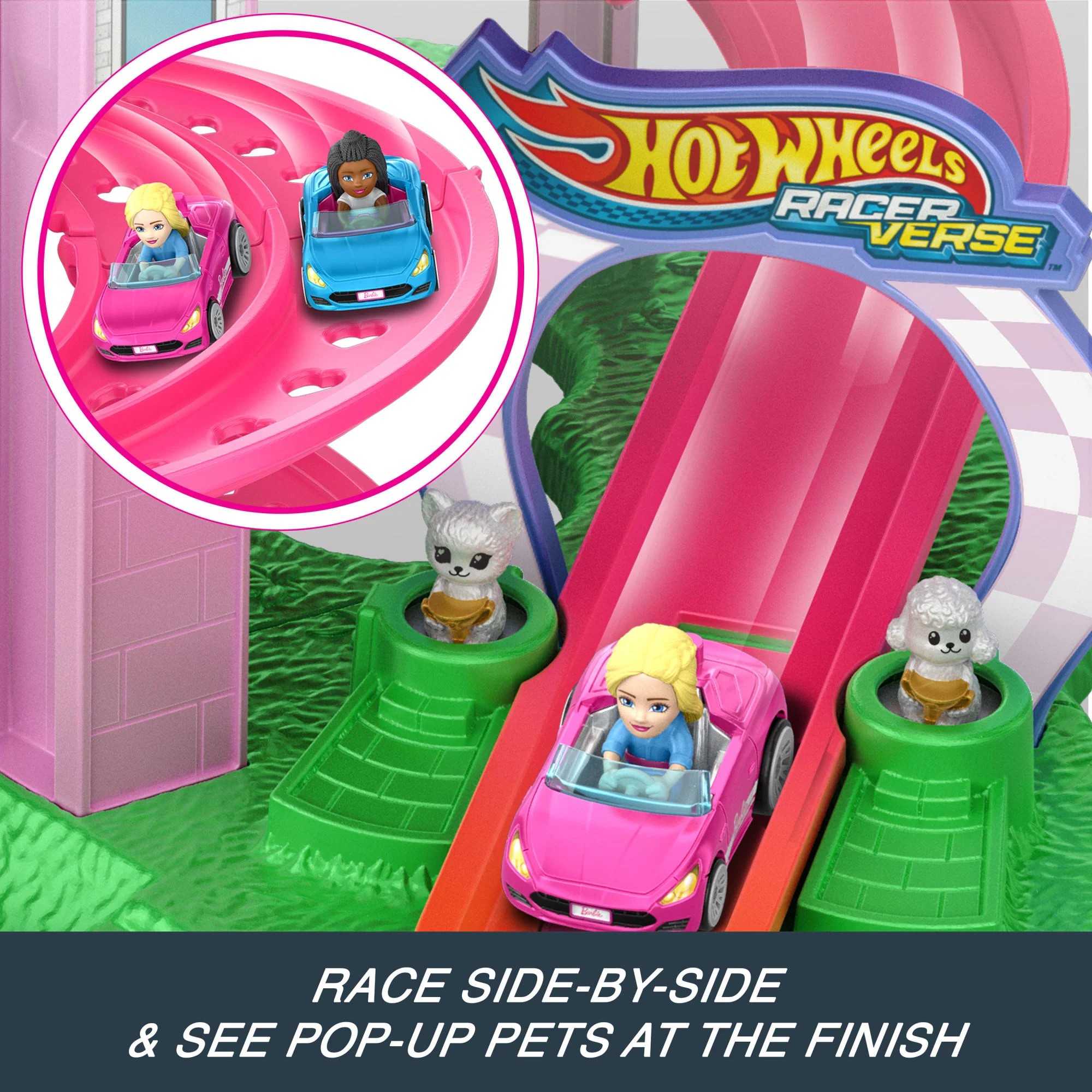 Hot Wheels Racerverse Barbie Spiral Race Track Set With Barbie “Malibu” & Barbie “Brooklyn” Toy Cars - Image 3