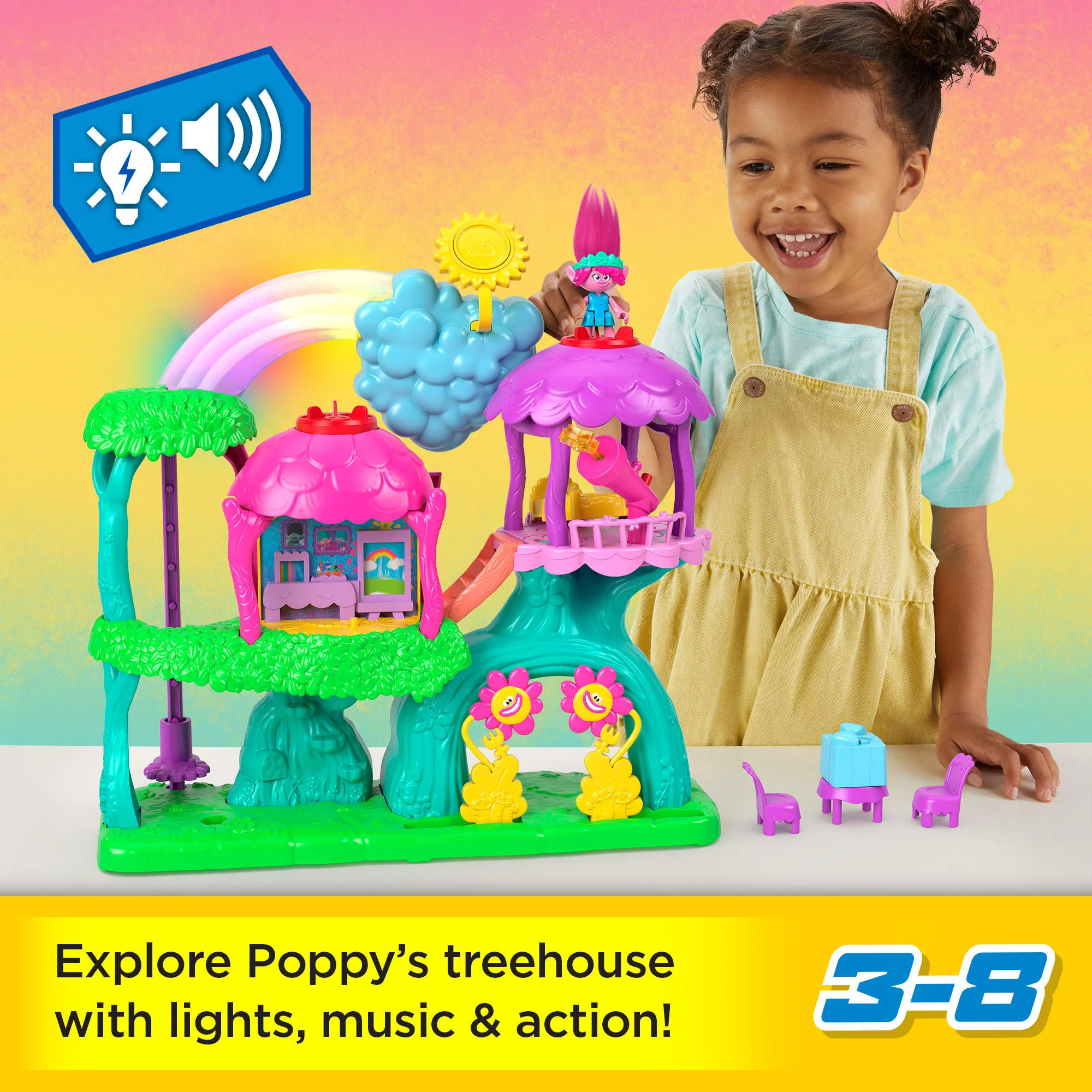 Imaginext Dreamworks Trolls Lights & Sounds Rainbow Treehouse Playset With Poppy, 7 Pieces - Image 2