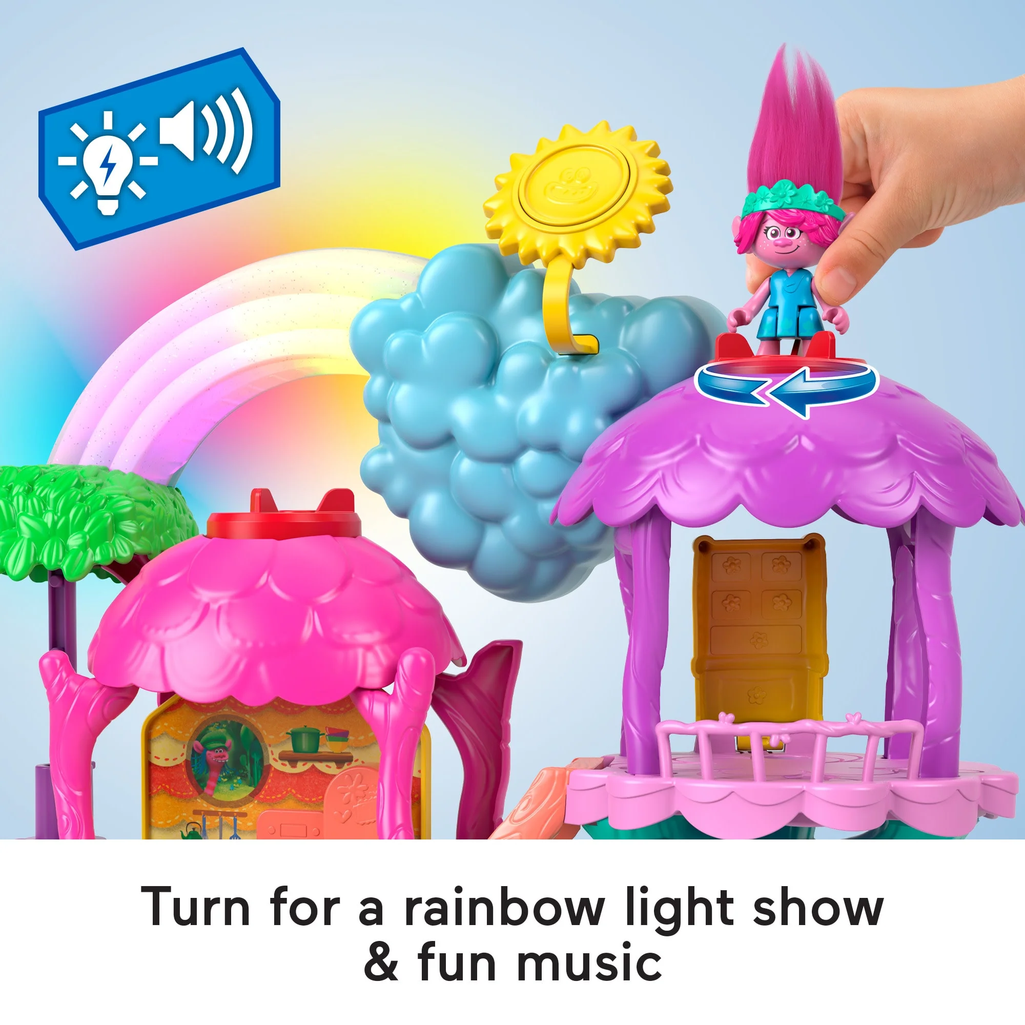 Imaginext Dreamworks Trolls Lights & Sounds Rainbow Treehouse Playset With Poppy, 7 Pieces - Image 3