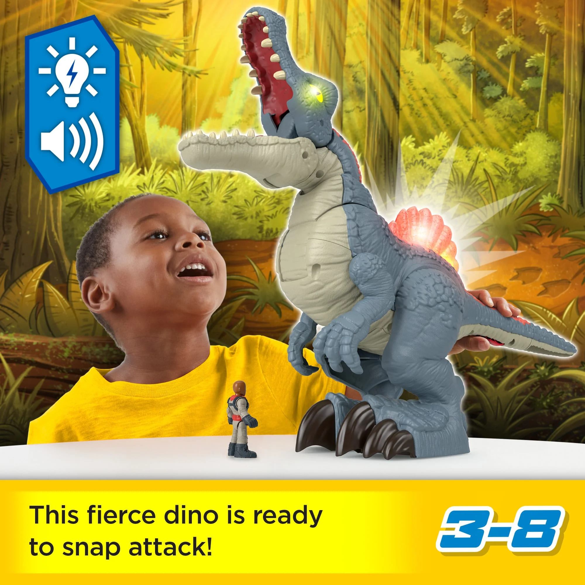 Imaginext Jurassic World Ultra Snap Spinosaurus Dinosaur Toy With Lights & Sounds, 2 Pieces - Image 2