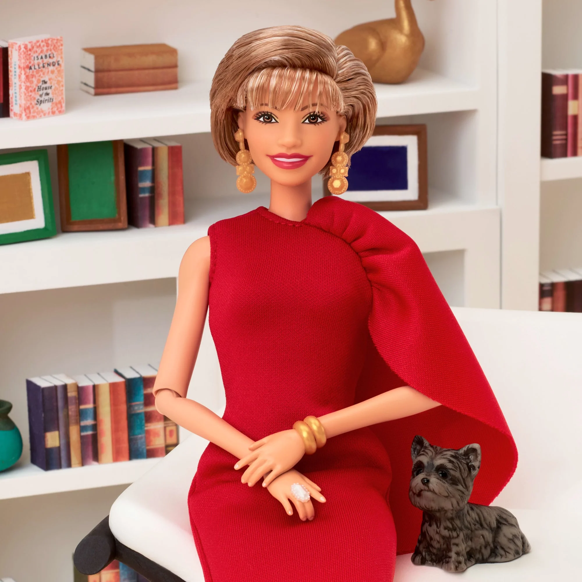 Barbie inspiring Women Collectible Doll, Isabel Allende in Red Dress & Book Accessory & Pet - Image 4