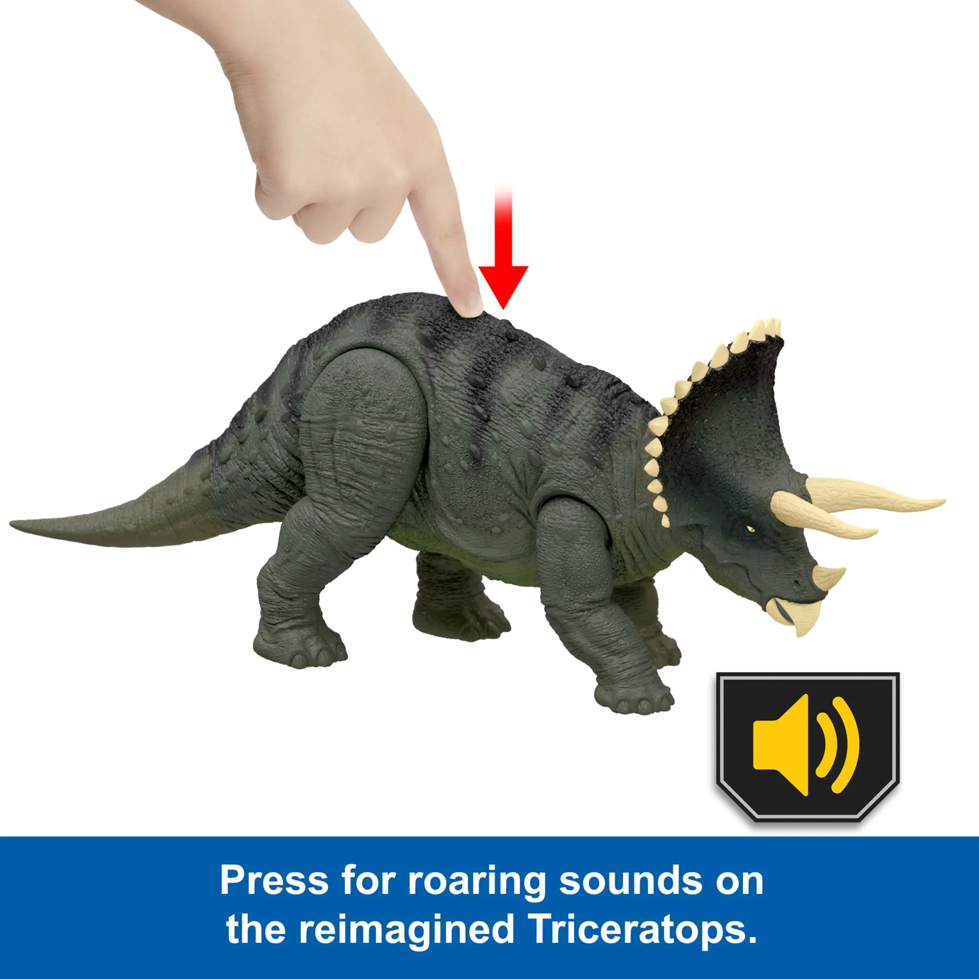 Jurassic World Reimagined Real Feel Triceratops Roaring Dinosaur Figure, 90S Inspired Toy - Image 2