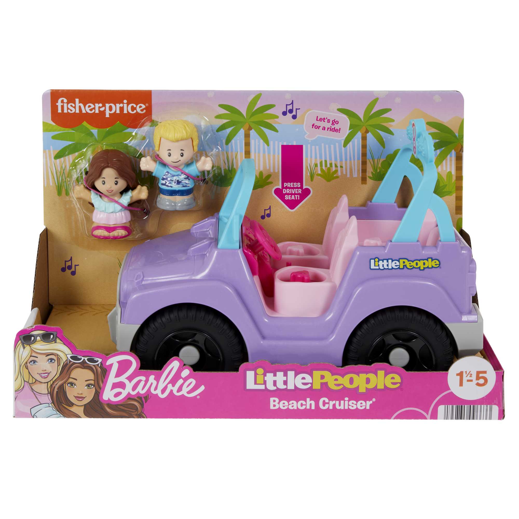 Little People Barbie Toy Car With Sounds And 2 Figures, Beach Cruiser, Toddler Toys - Image 6