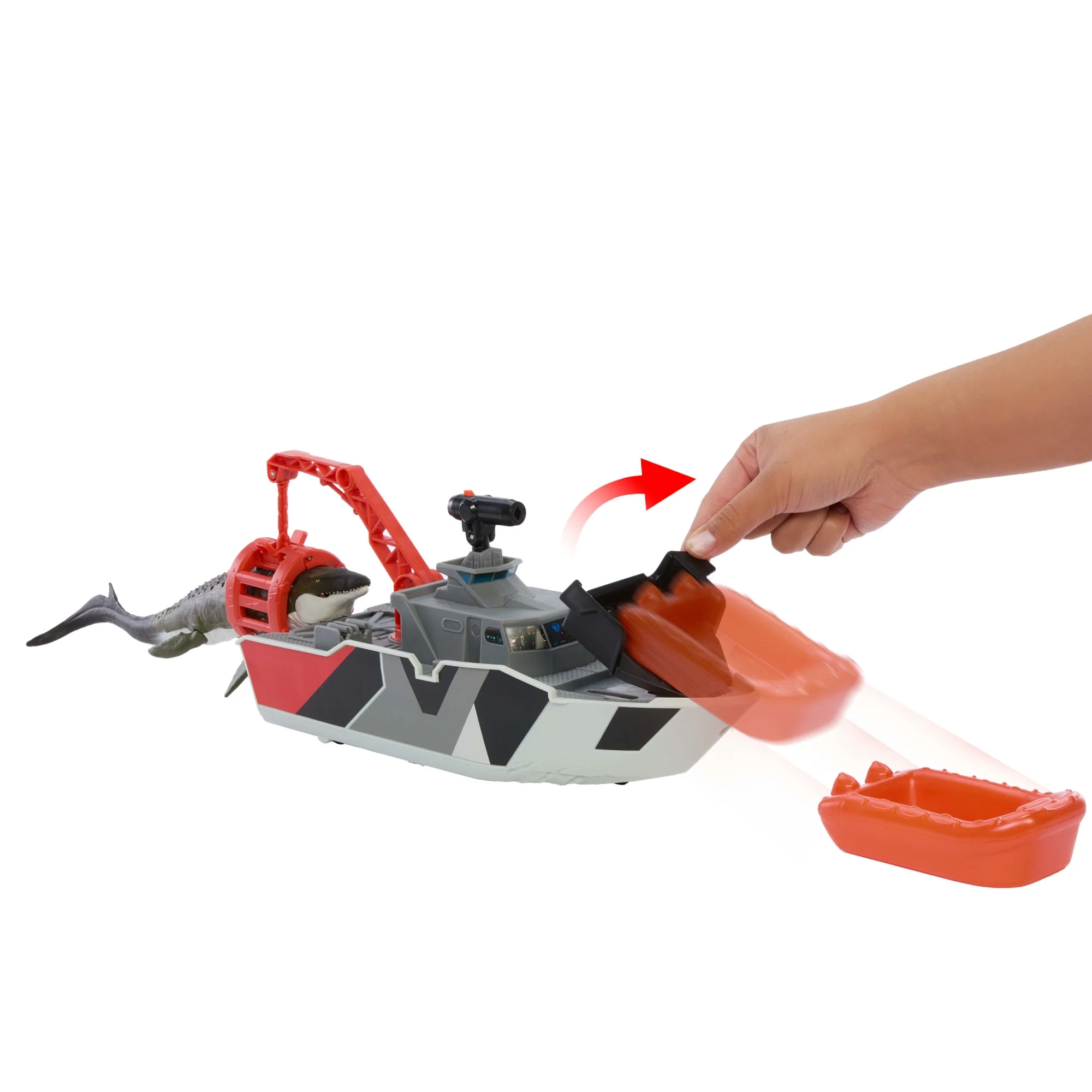 Matchbox Jurassic World Mosasaurus Rescue Action Boat Playset With Ship, Dino, Toy Car & Missiles - Image 5