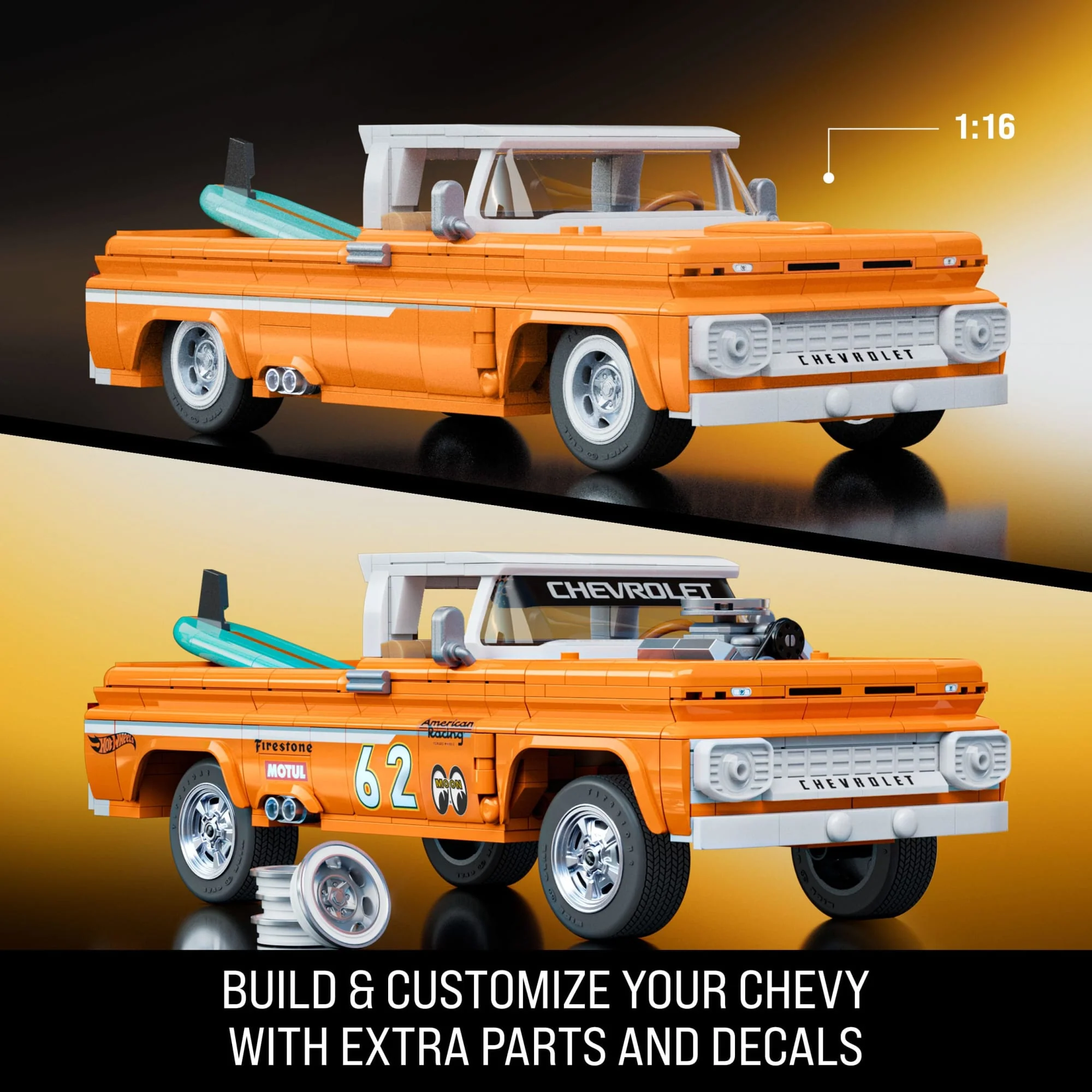 Mattel Brick Shop Hot Wheels Custom ’62 Chevy Pickup Building Toy Kit (858 Pieces), For Collectors - Image 3