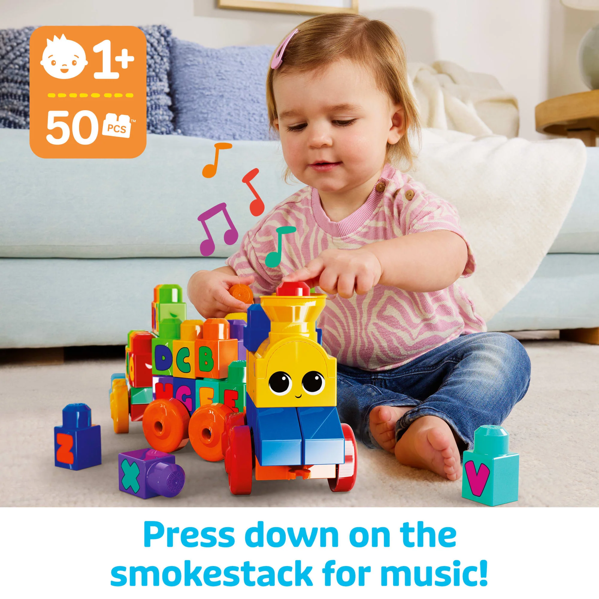 MEGA BLOKS First Builders ABC Musical Train Toy Building Blocks With Music (50 Pieces) For Toddler - Image 2