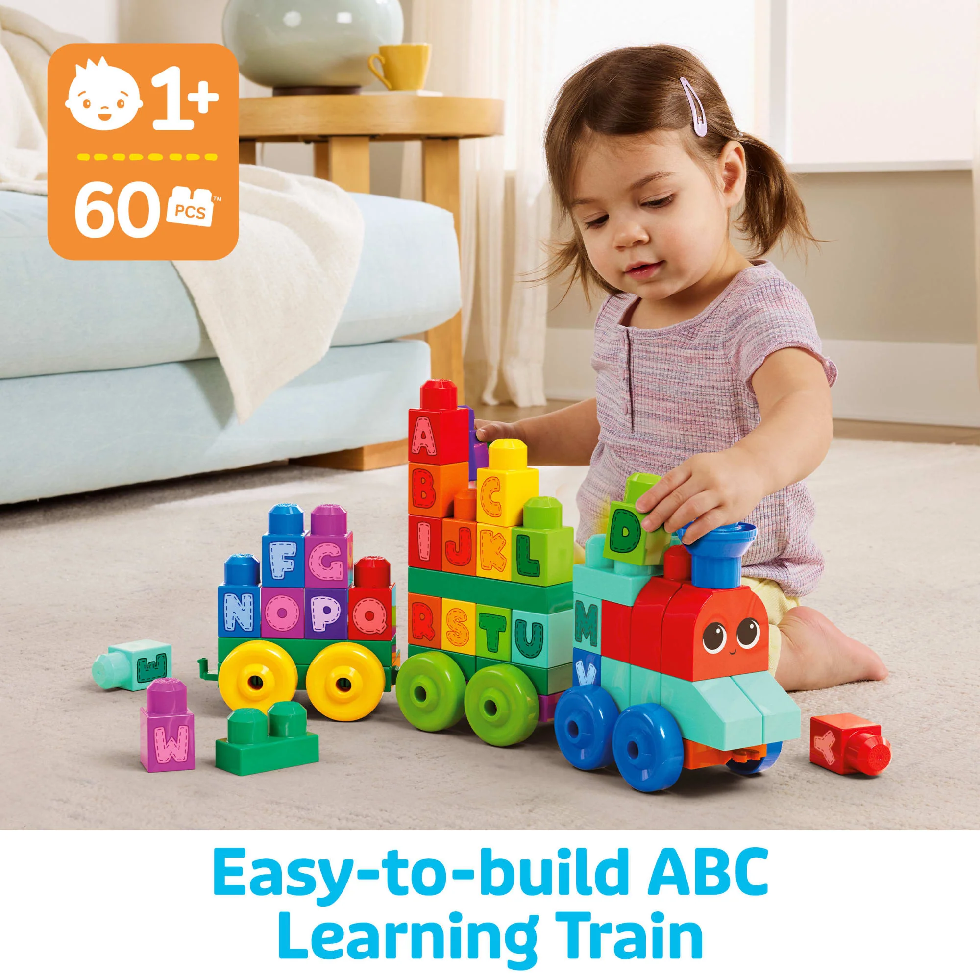 MEGA Bloks ABC Learning Train Fisher Price Building Toy Blocks (60 Pieces) For Toddler - Image 2