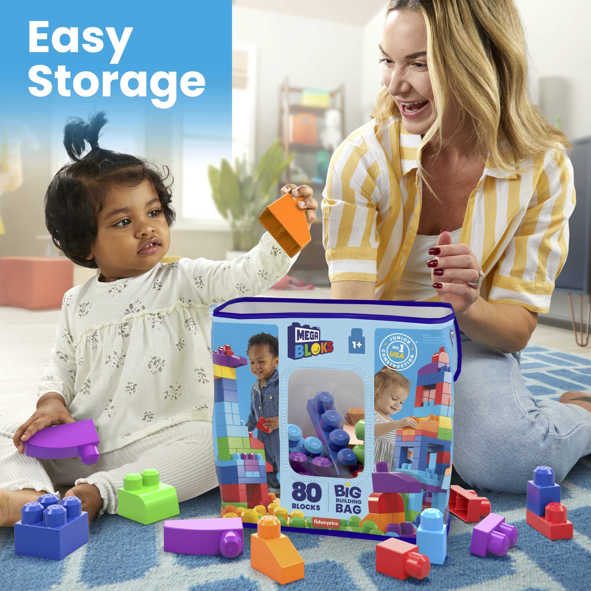 MEGA Bloks Fisher-Price Toy Blocks Blue Big Building Bag With Storage (80 Pieces) For Toddler - Image 6