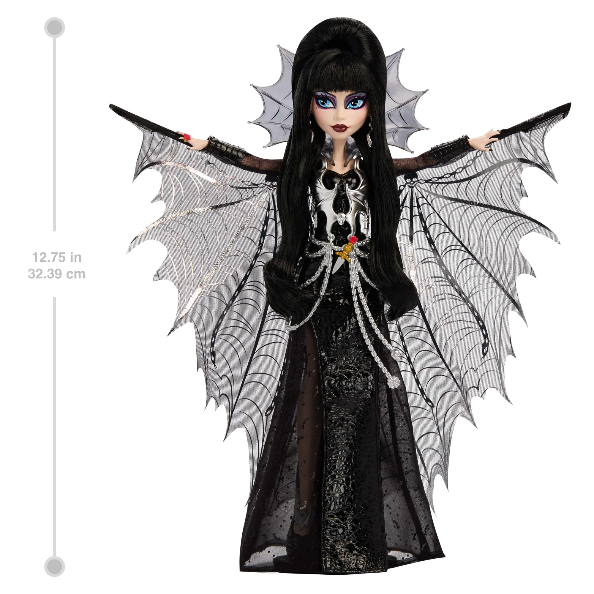 Monster High Elvira Collector Doll in Black Faux Leather Dress With Silvery Cape And Accessories - Image 4