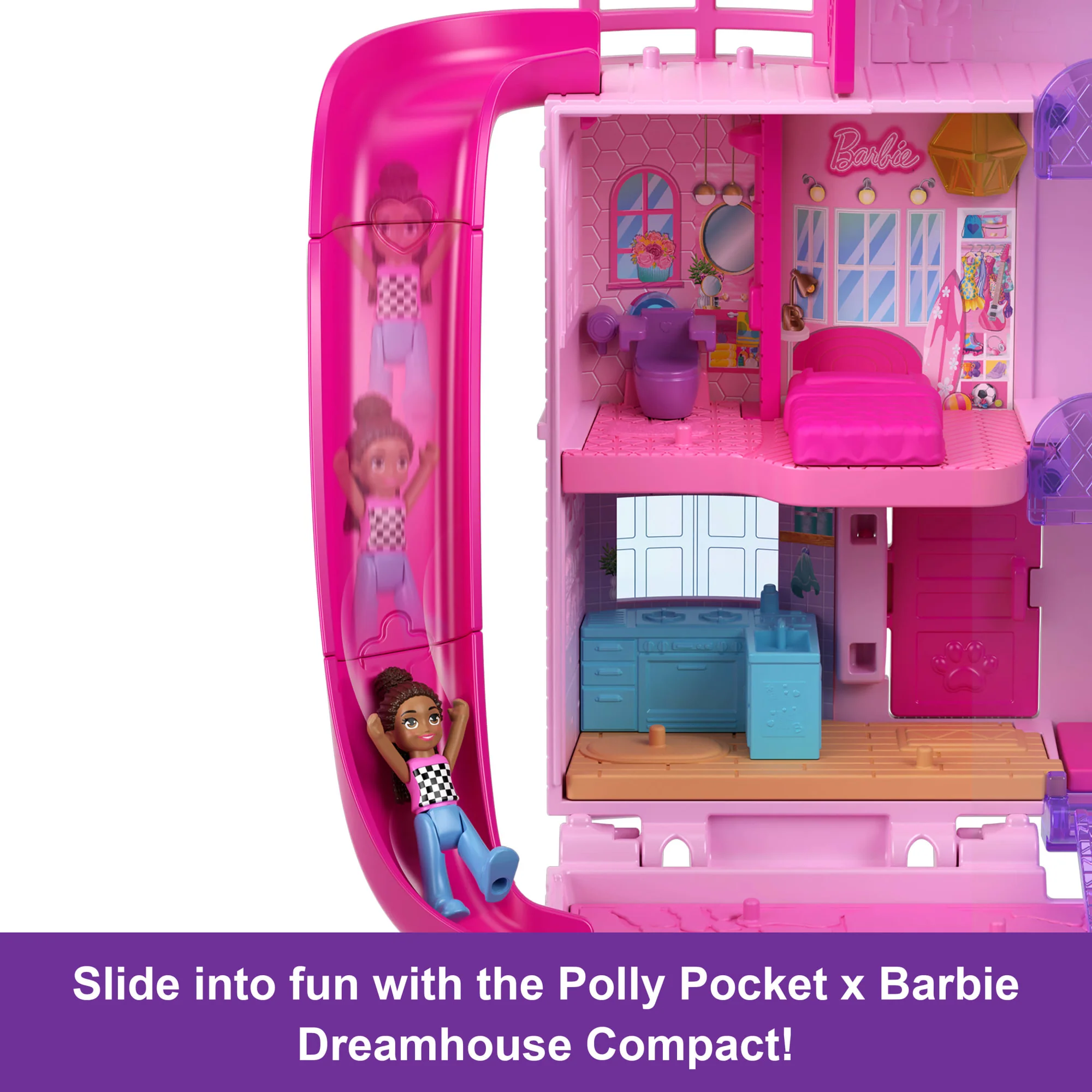 Polly Pocket Barbie Dreamhouse Compact, Dollhouse Playset With 3 Micro Dolls, 1 Pet & 11 Accessories - Image 3
