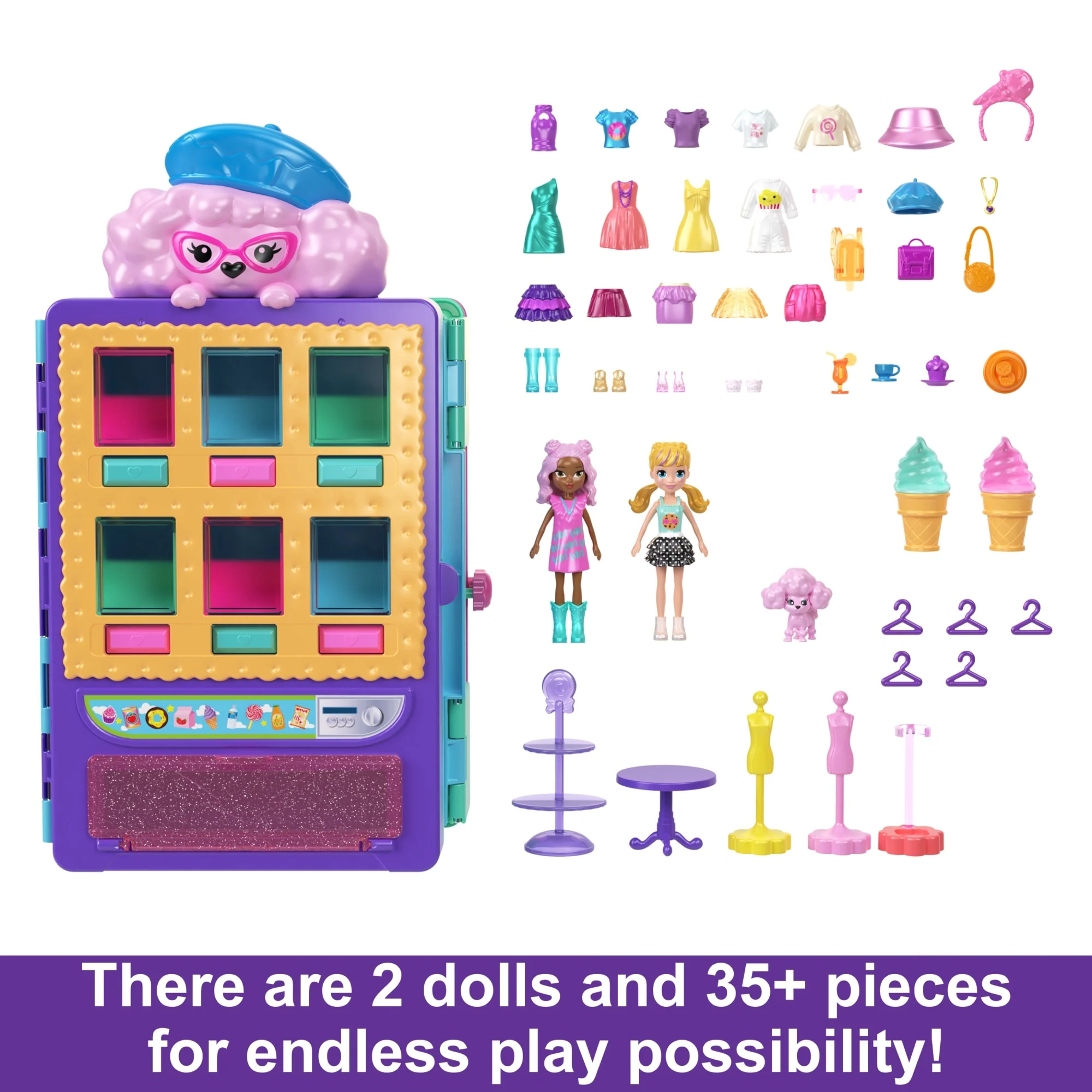 Polly Pocket Candy Style Fashion Drop Playset With 2 Dolls (3-inch), Vending Machine, 35+ Accessories - Image 5