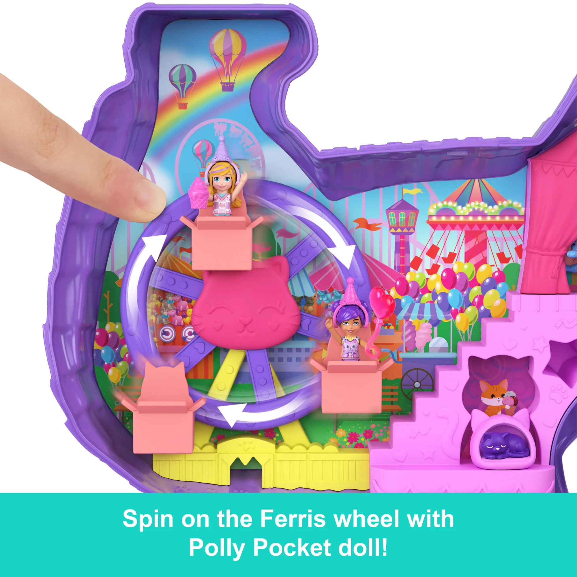 Polly Pocket Celebration Kitty Playset With 2 Micro Dolls, 23 Surprise Accessories including Pets, Birthday Party With Ferris Wheel Ride - Image 3