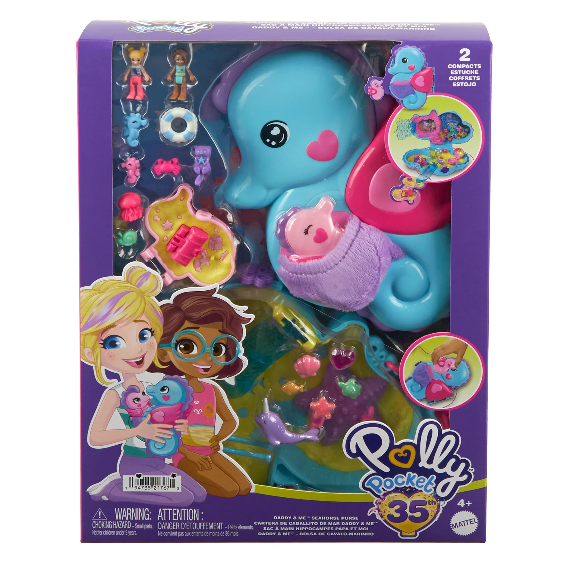 Polly Pocket Daddy & Me Seahorse Purse With 2 Micro Dolls, Pets & 13 Accessories, 2-in-1 Purse & Toy, Starring Shani - Image 4