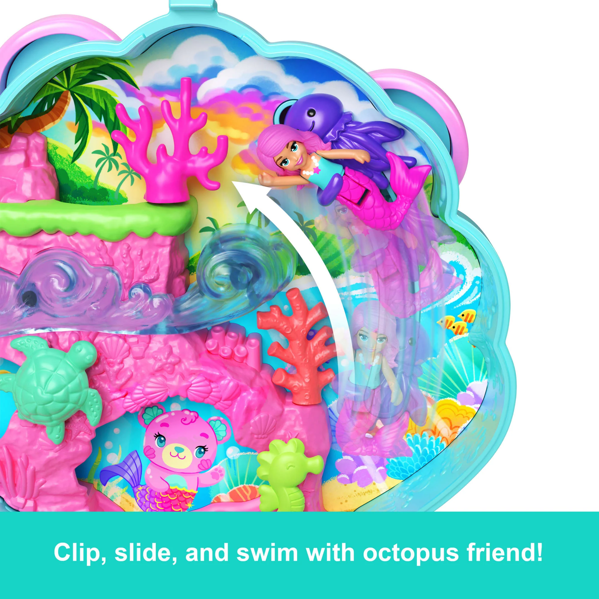 Polly Pocket Glitter Island Compact Playset With 1 Micro Mermaid Doll And Ocean Pets, Travel Toy With Themed Accessories - Image 4