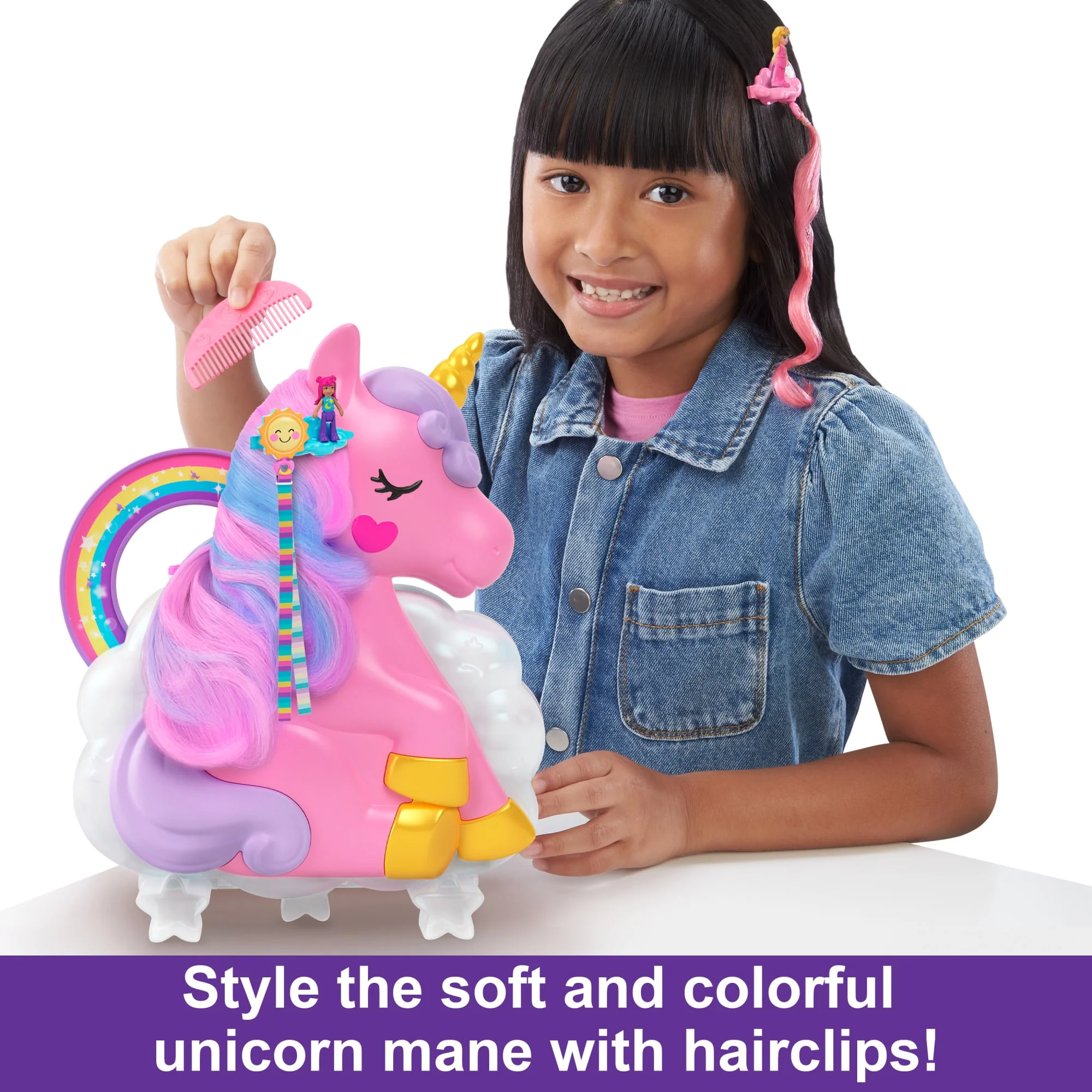 Polly Pocket Mini Toys, Rainbow Unicorn Salon Playset With 2 Dolls And 20+ Accessories - Image 2