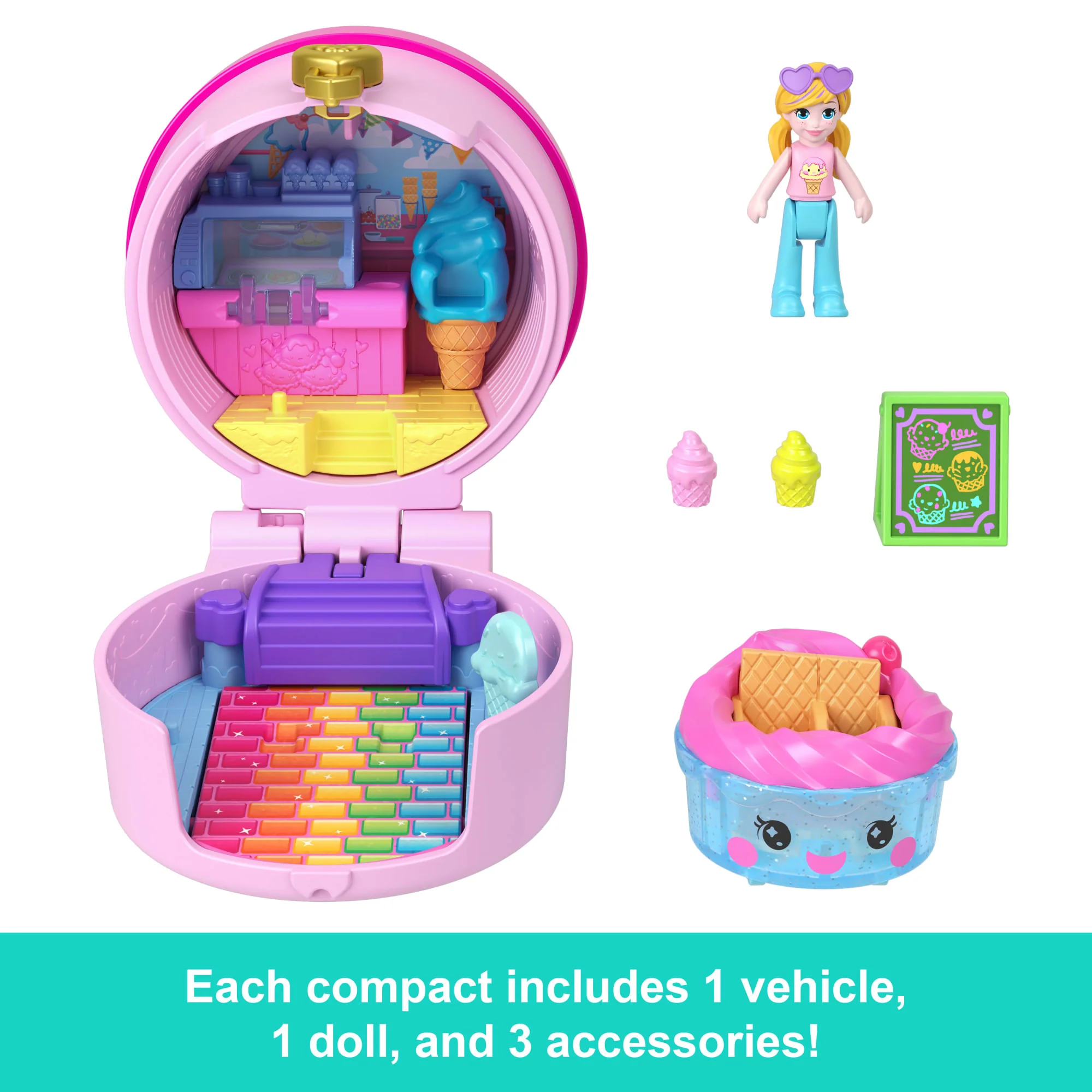 Polly Pocket Tiny Take Out Reveal Assortment, Micro Dolls & Compacts With Toy Cars, Food Theme Vehicle Collection - Image 5