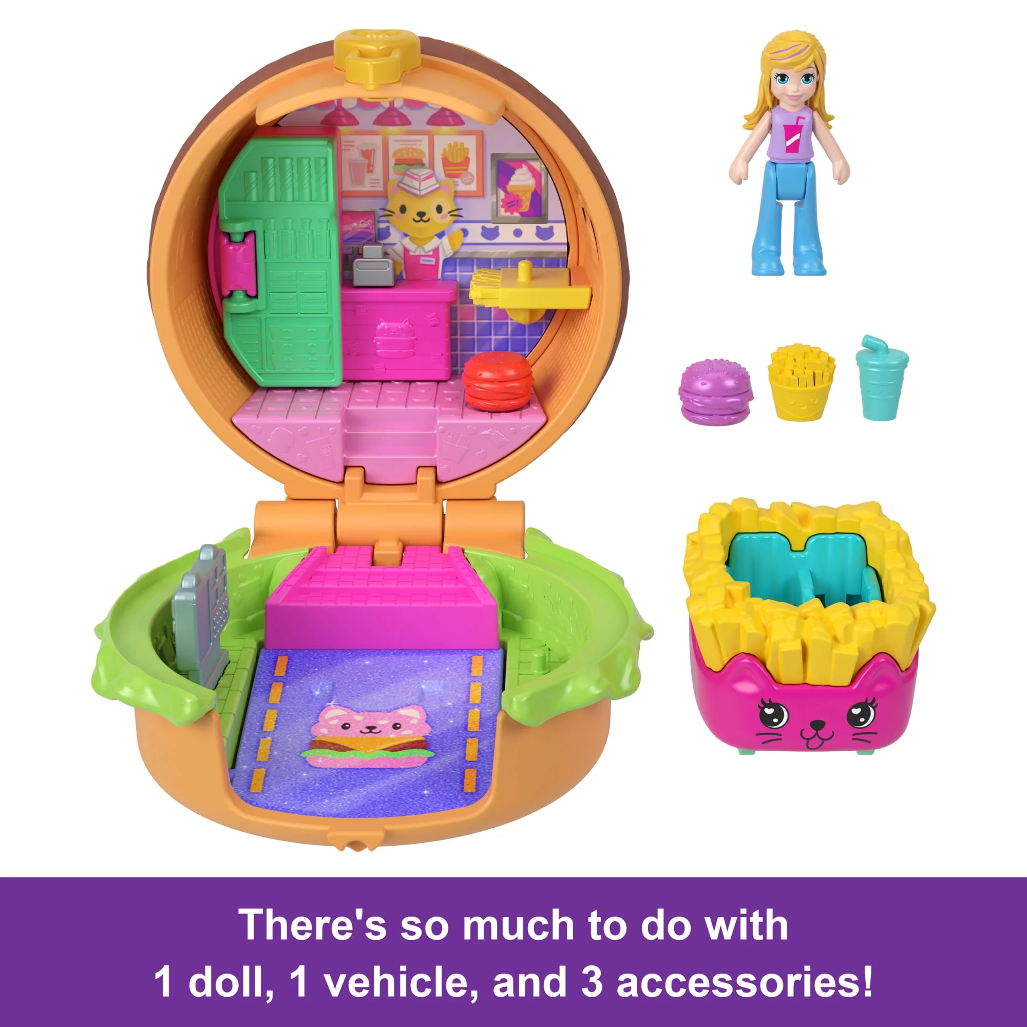 Polly Pocket Tiny Take Out Reveal Assortment, Micro Dolls & Compacts With Toy Cars, Food Theme Vehicle Collection - Image 5