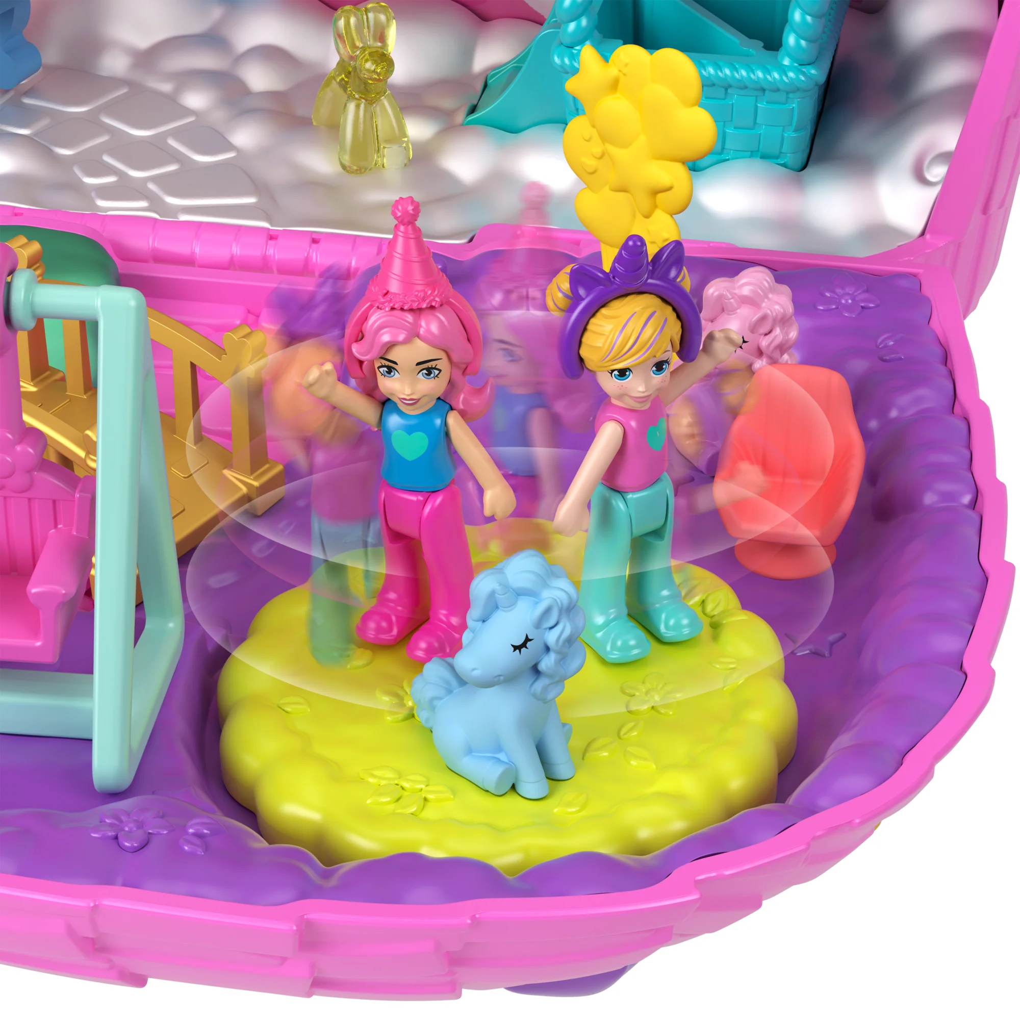 Polly Pocket Unicorn Partyland Playset With 2 Micro Dolls, Pets & 25+ Surprise Accessories, Birthday Celebration With Hot Air Balloon Ride - Image 4
