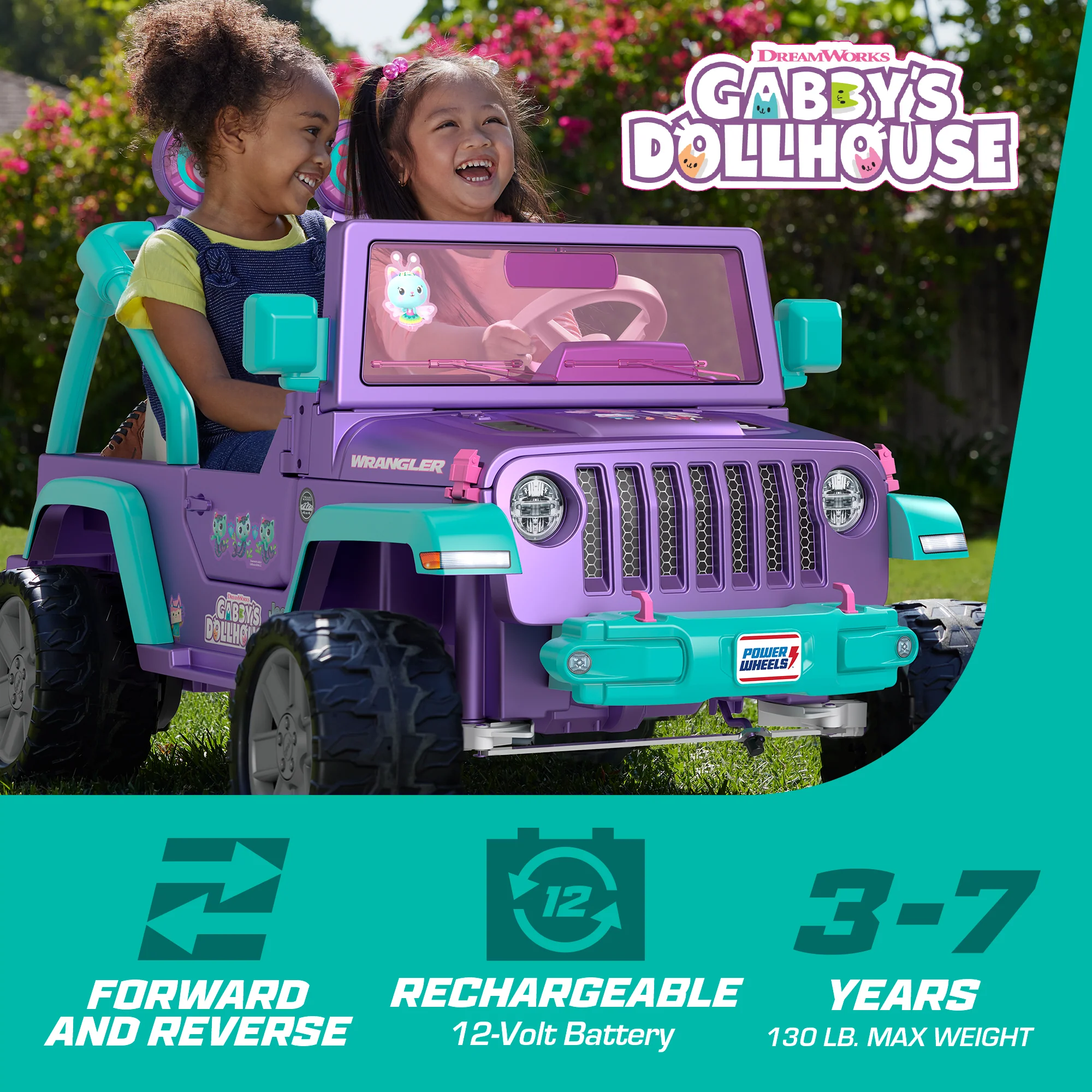 Power Wheels Gabby's Dollhouse Jeep Wrangler Battery-Powered Ride-On Toy Vehicle With Sounds - Image 2