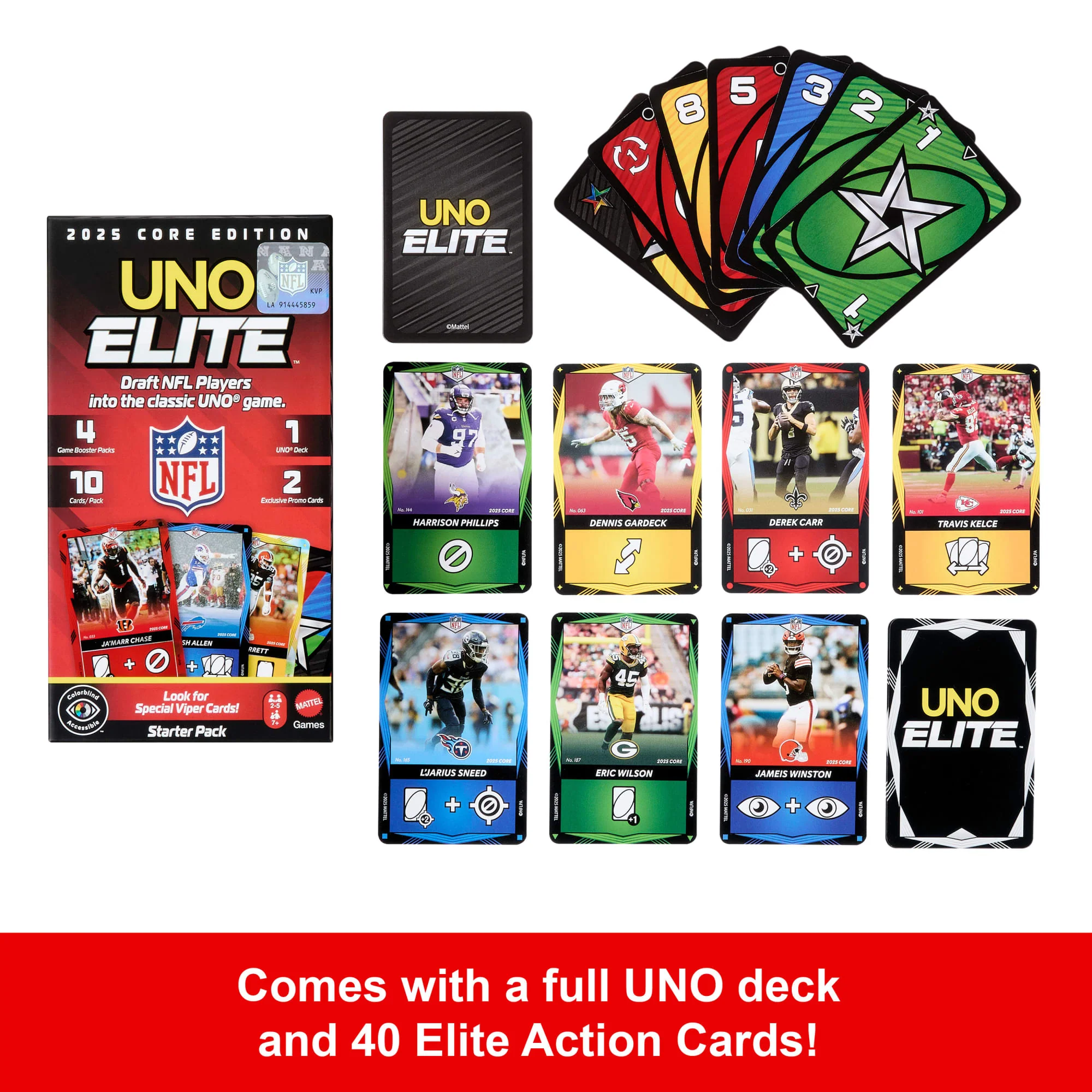 UNO Elite NFL Card Game 2025 Core Edition Starter Set With Deck, 4 Game Booster Packs & 2 Promo Cards - Image 3